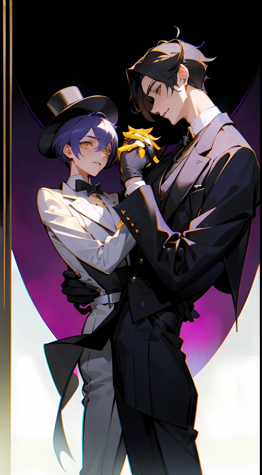 2boys, multiple boys, hat, male focus, gloves, holding hands, top hat, pants, tall man, short man, graceful face, long face, short cute boy, happiness, tenderness, looking at each other, dark makeup, yellow eyes, (demon), ((very big difference in height)), two long strands of bangs, dark purple lips, look each other