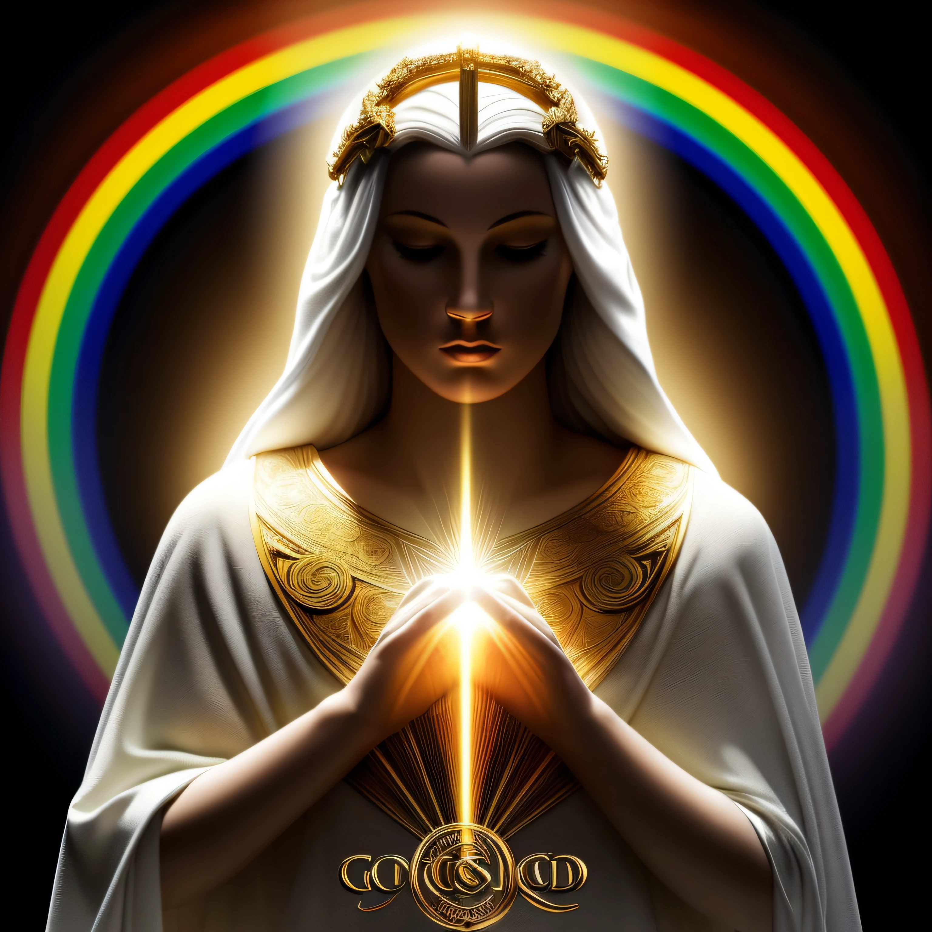 Logotipo com escrita de Gods & Santos, sagrado logotipo de arte de linha, crie a imagem de (a white and golden halo that shines brightly and produces an aura of light in the colors of the rainbow), Black background and lighting in the image to highlight it, contraste de figura e fundo, Minimal and Solid—Light and Faith.  Image with 300dpi resolution, estilo logomarca, contrasting lighting between the figure and the background, imagem interessante e chamativa, Hyper detailed and very high resolution, imagem vetorial. Imagem centralizada, proportion Aurea, simetria, (fundo preto)