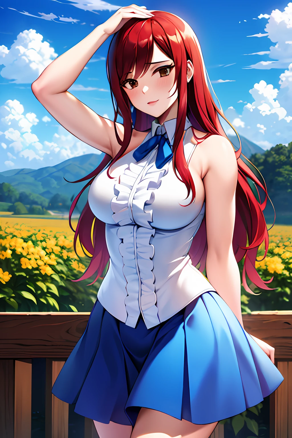 masterpiece, best quality, highres, fairy tail, 1girl, long hair, red hair, brown eyes, neck ribbon, bare shoulders, white shirt, sleeveless, center frills, blue skirt, cowboy shot, standing, outdoors