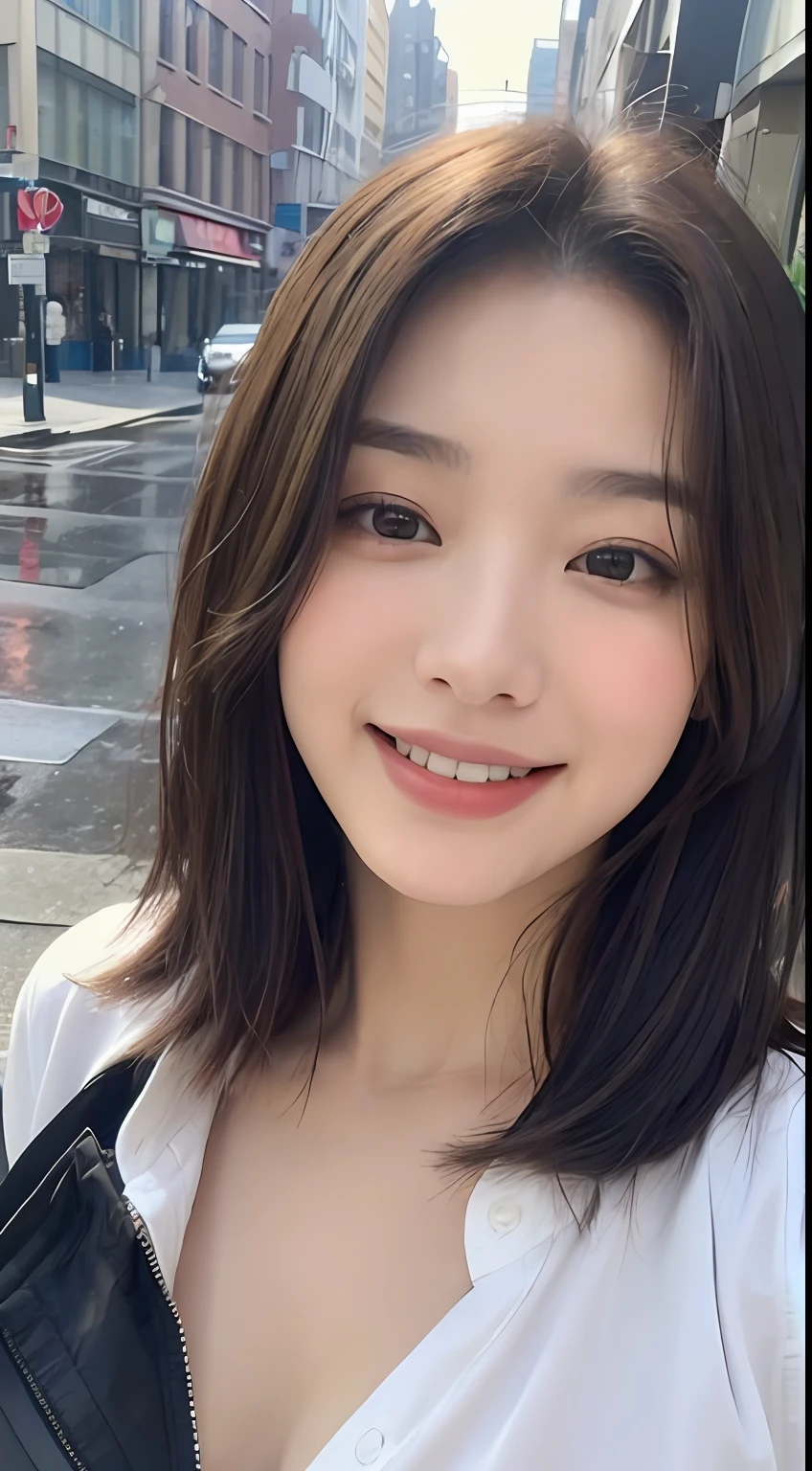 ((best qualtiy, 8K, tmasterpiece:1.3)), Focus:1.2, perfect figure beautiful woman:1.4,, ((Cut hair in layers, Beautiful breasts:1.2)),(rain, street:1.3),Highly detailed facial and skin texture, A detailed eye, 二重まぶた,Whiten skin,long whitr hair,ssmile