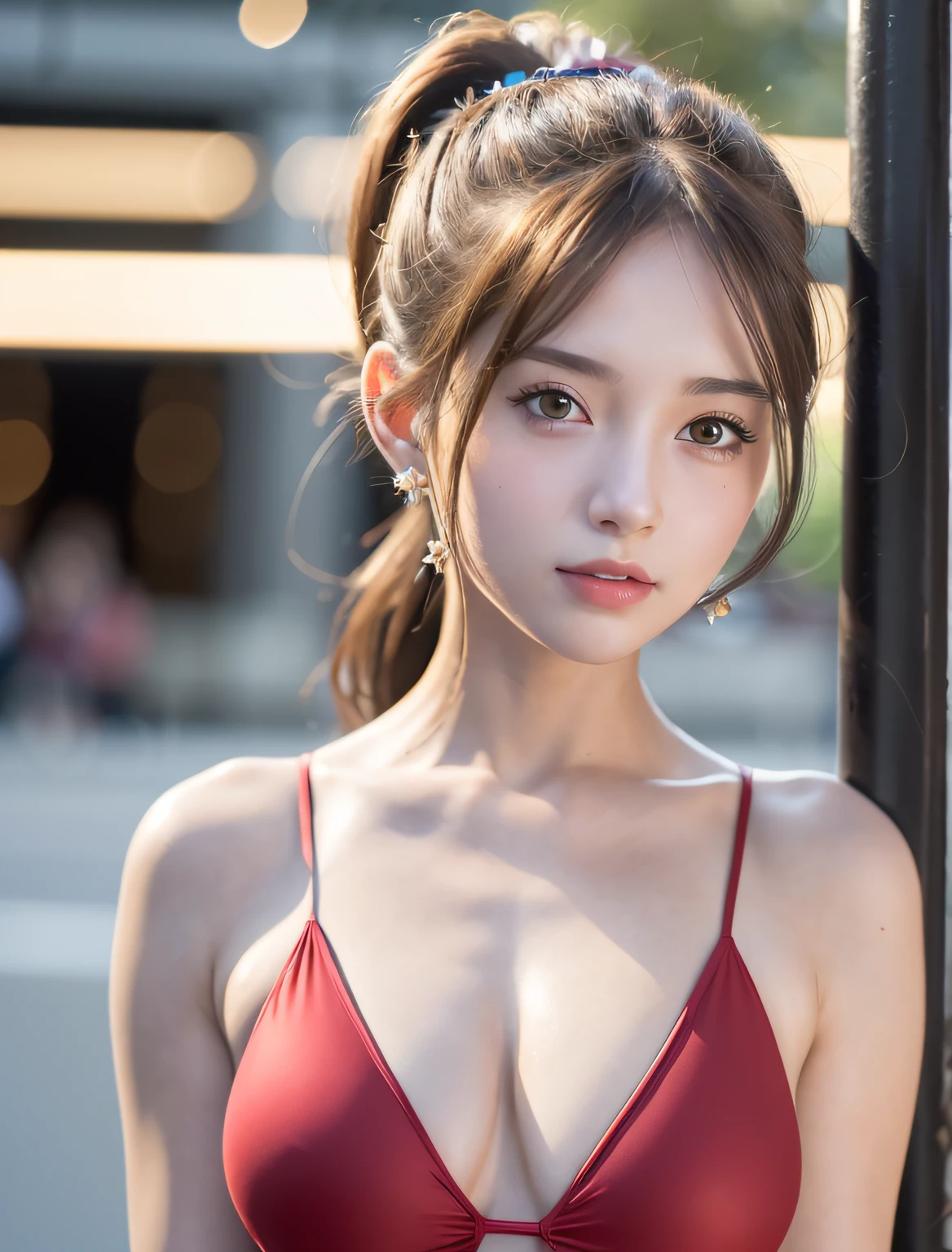 Random posture, (very delicate and beautiful work), (masterpiece), one girl, (girl in a red swimsuit:1.2), high definition, waist circumference, distorted ponytail, attractive expression, beautiful clear eyes, green pupils, delicate earrings, fairy ears, simple blurred background, very detailed description, beautiful face, delicate figure, thin collarbone, beautiful lips, beautiful breasts sts, soft back view, mix4, (8K, RAW Photos, Top Quality, Masterpieces: 1.2), (Realistic, Photorealistic: 1.37), One Girl, Cute, Cityscape, Night Rain, Professional Lighting, Photon Mapping, Radiosity, Physically Based Rendering, (shiny skin:1.2)