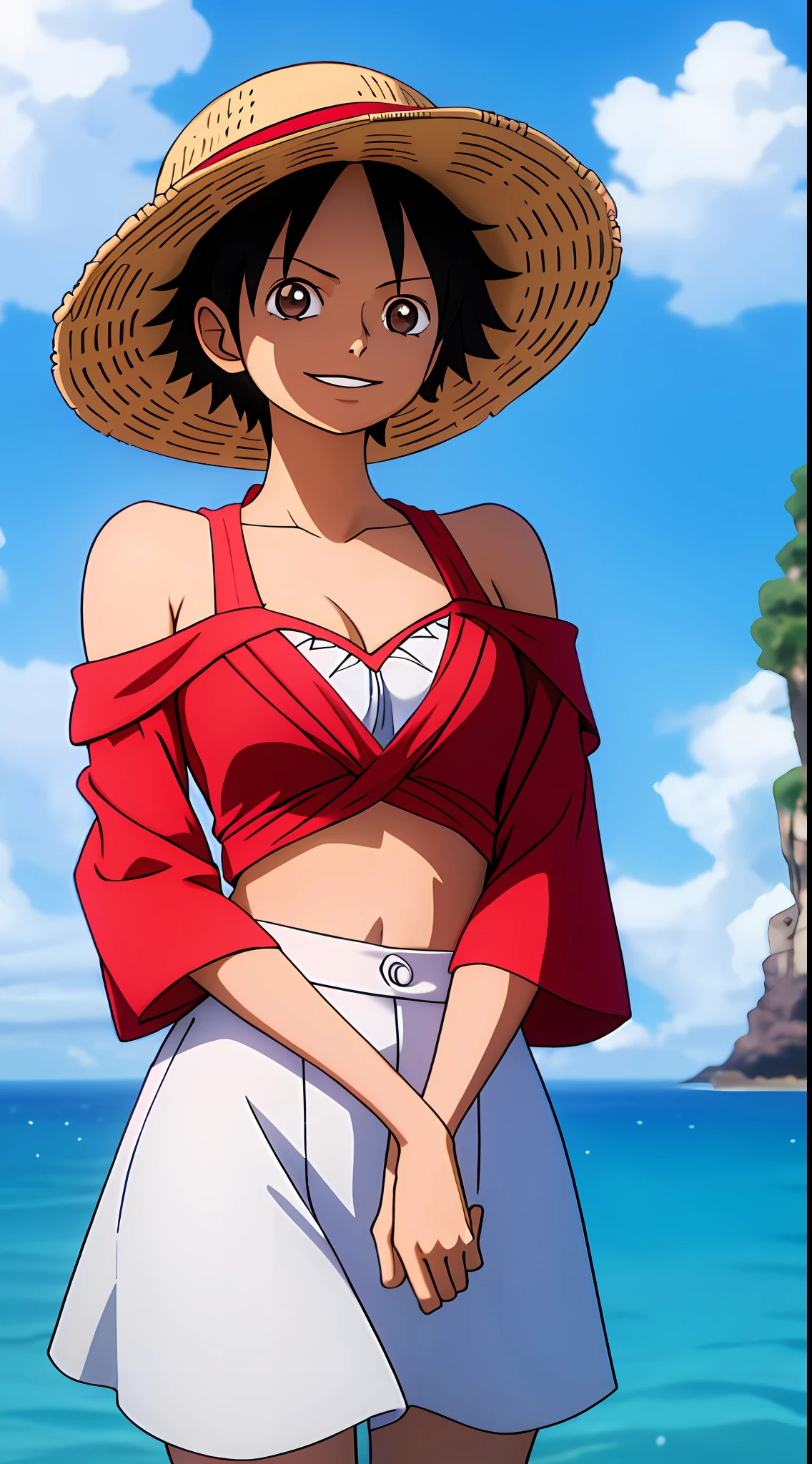 one-girl,cleavage,Off-the-shoulder attire,monkey d luffy, Smiling, Straw hat, Solo,, ((Masterpiece)), (Best quality), (Extremely detailed), Depth of field, Anime screenshots, Scars under the eyes, preparing to fight, 黑The eye,Sea background