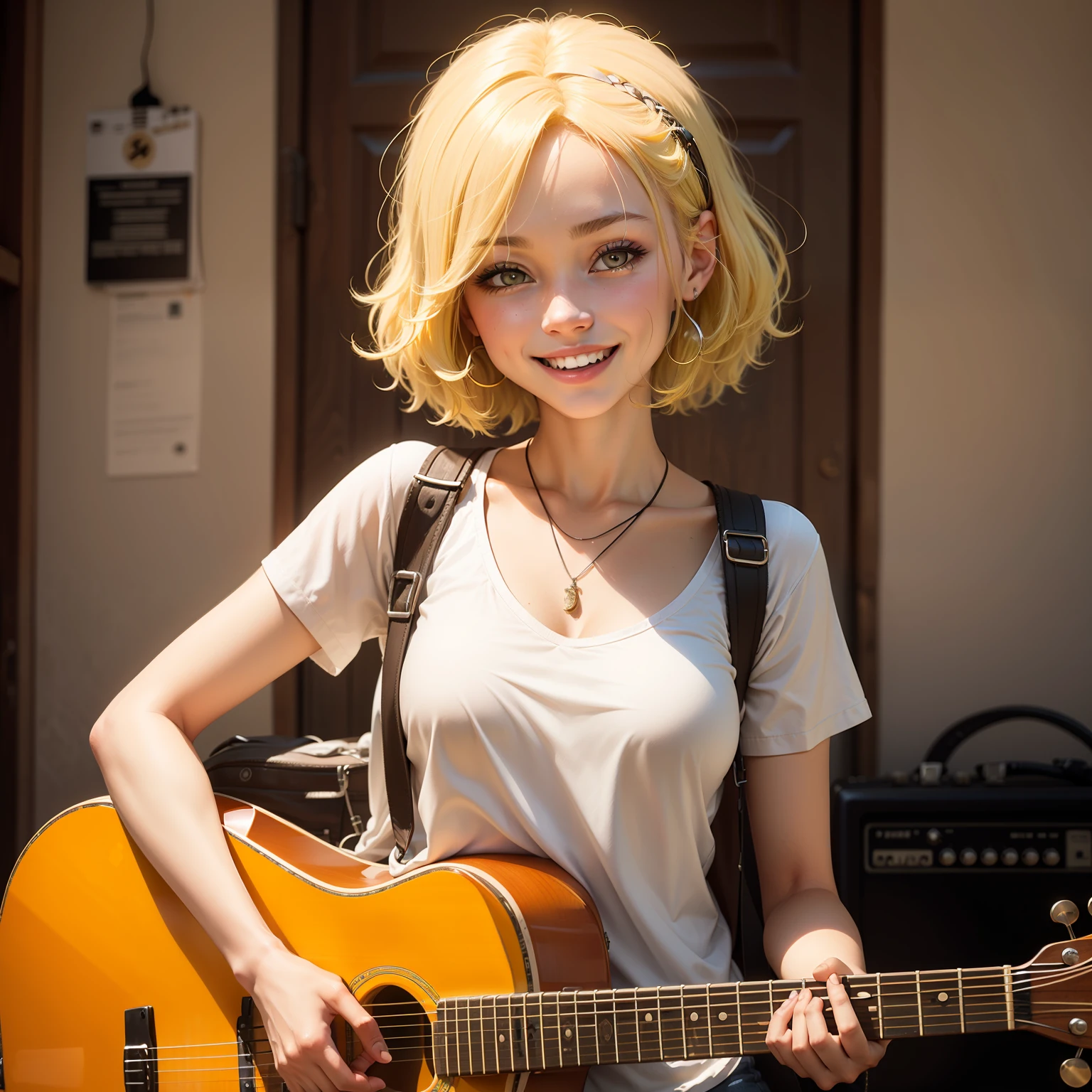 beautiful girl playing guitar, short, light yellow hair, vibing, passionate, smiling