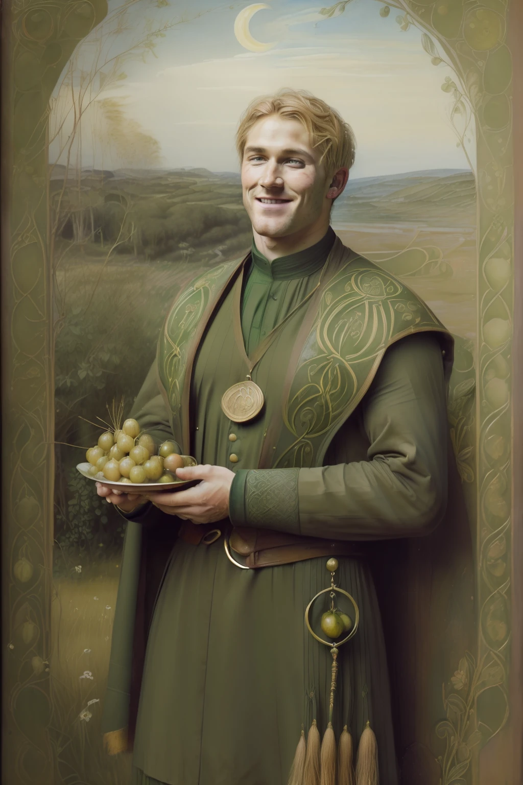 (((Pre-Raphaelite Celtic Painting of Blonde Man's Short Hair, Eat gooseberries in celebration, Groselheira, gosto, Comer, banquete, paisagem celta, Floresta encantada, sorrir, sorriso)))