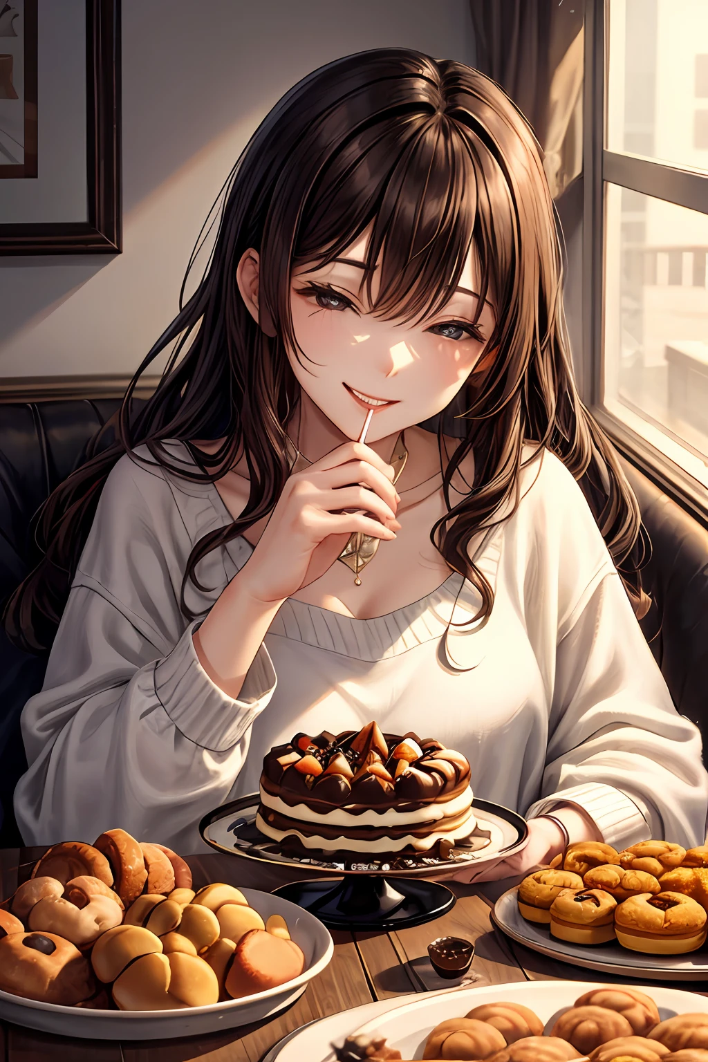 ultra-detailed, 1woman, single, solo, sweets, desserts, pastries, cookies, doughnuts, pastries, sweet treats, sugar, sugar rush, indulgence, pleasure, enjoyment, happiness, joy, contentment, satisfaction, fulfillment, comfort, relaxation, leisure, comfort food, comfort dessert, self-care, self-indulgence, self-love, self-care, pampering, self-treating, reward, celebration, special occasion, birthday, holiday, festive, festive season, Valentine's Day, Easter, Halloween, Thanksgiving, treat, gift, present, surprise, delight, indulgence, abundance, plenty, overindulgence, excess, extravagance, opulence, luxury, riches, wealth, comfort, cozy, warm, inviting, alluring, tempting, seductive, irresistible, mouthwatering, delicious, appetizing, flavors, textures, aromas, scents, fragrances, smells, senses, sensory overload, bliss, euphoria, (brown hair:1.1), Pastry shop, illustration, masterpiece, best quality, smile