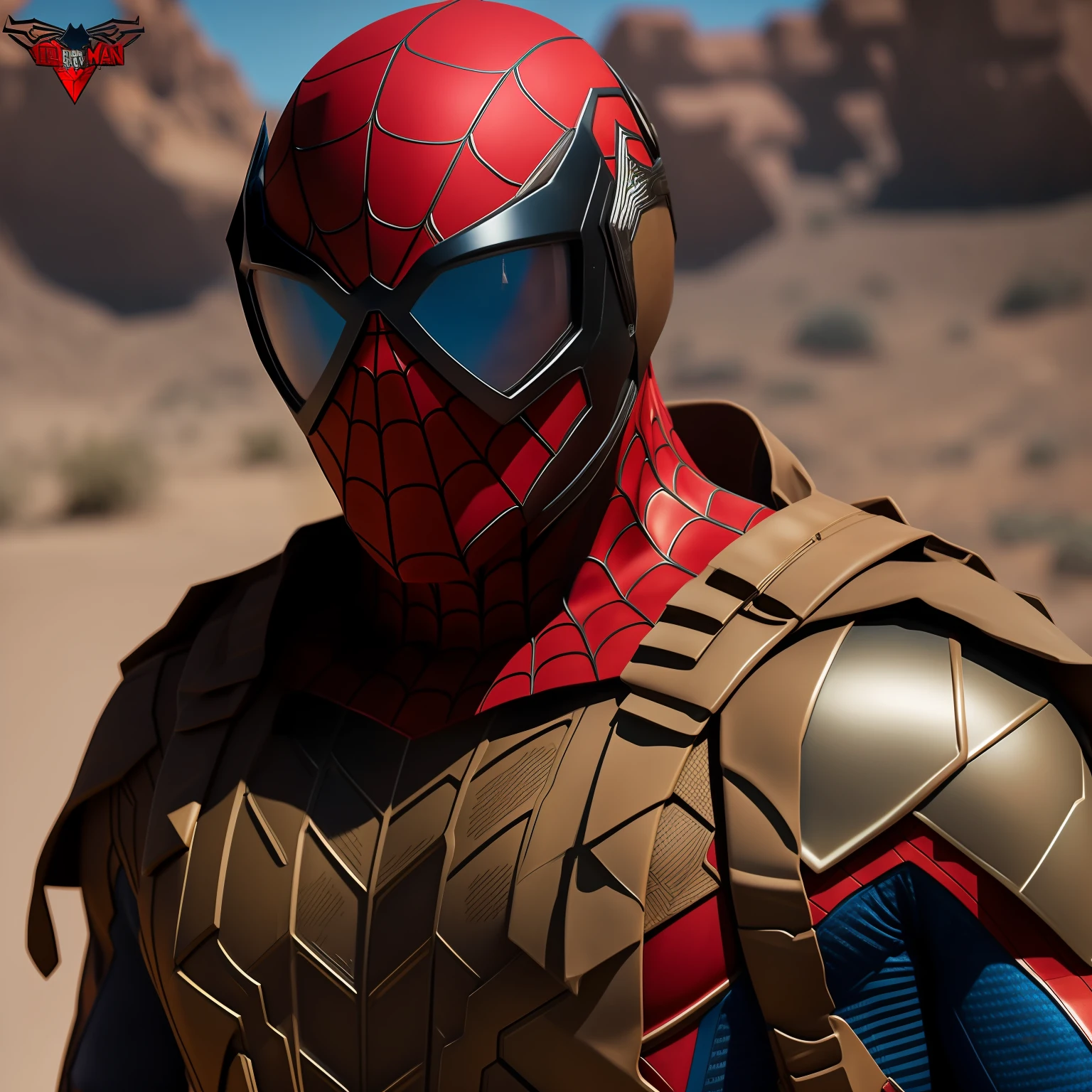 spider-man、dirty.、Wearing a solid brown suit、A desert、Inspired by the military、Camouflage pattern、bulletproof vest、bandana、military outfits、to stand、high detal、realisitic、armor、​masterpiece、top-quality、goggles、Shoulder Armor