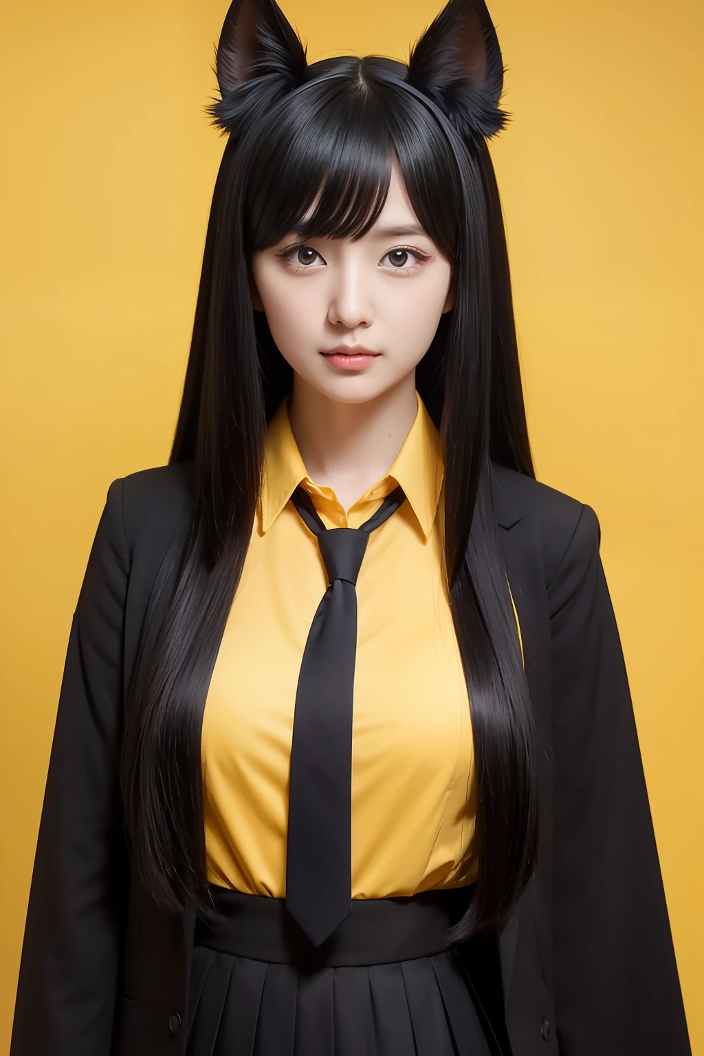 Umamusume,Black long straight hair,Black hair,Yellow eyes,Black cloth,yellow necktie,very long hair between eyes,Black coat,Black pleated skirt,Black collared shirt,luminows eyes, girl,Woman,Female, ^_^, Large_breasts,Black horse ears