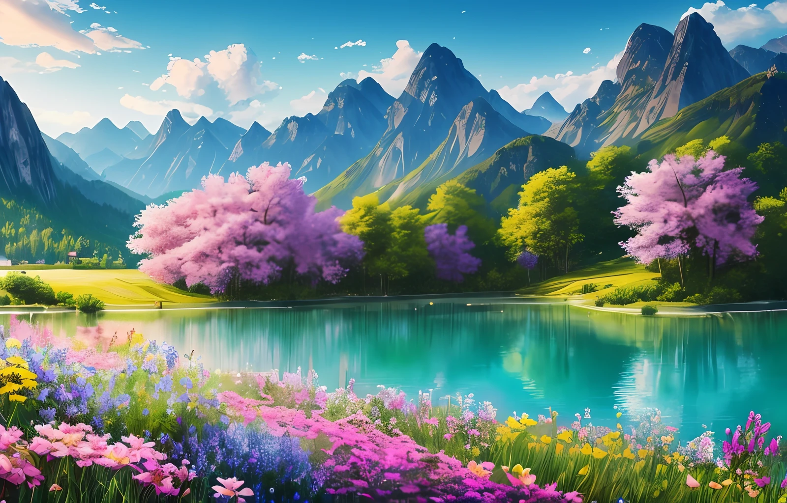 masterpiece, best quality, high quality,extremely detailed CG unity 8k wallpaper, A place like paradise, A village beside mountain, beautiful lake , flowers, field , Depth of Field, HDR, bloom, Chromatic Aberration ,Photorealistic,extremely detailed, trending on artstation, trending on CGsociety, Intricate, High Detail, dramatic, art by midjourney
