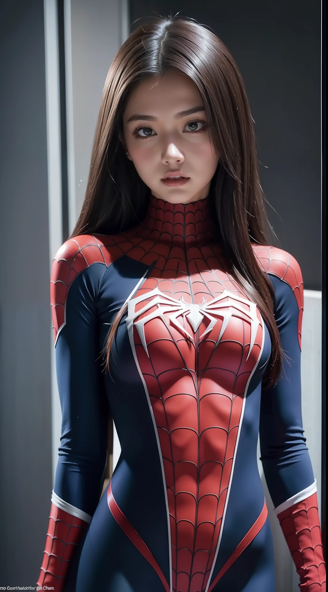 "Sexy Spiderman suit with a realistic girl's face, showcasing ultra-detailed craftsmanship."