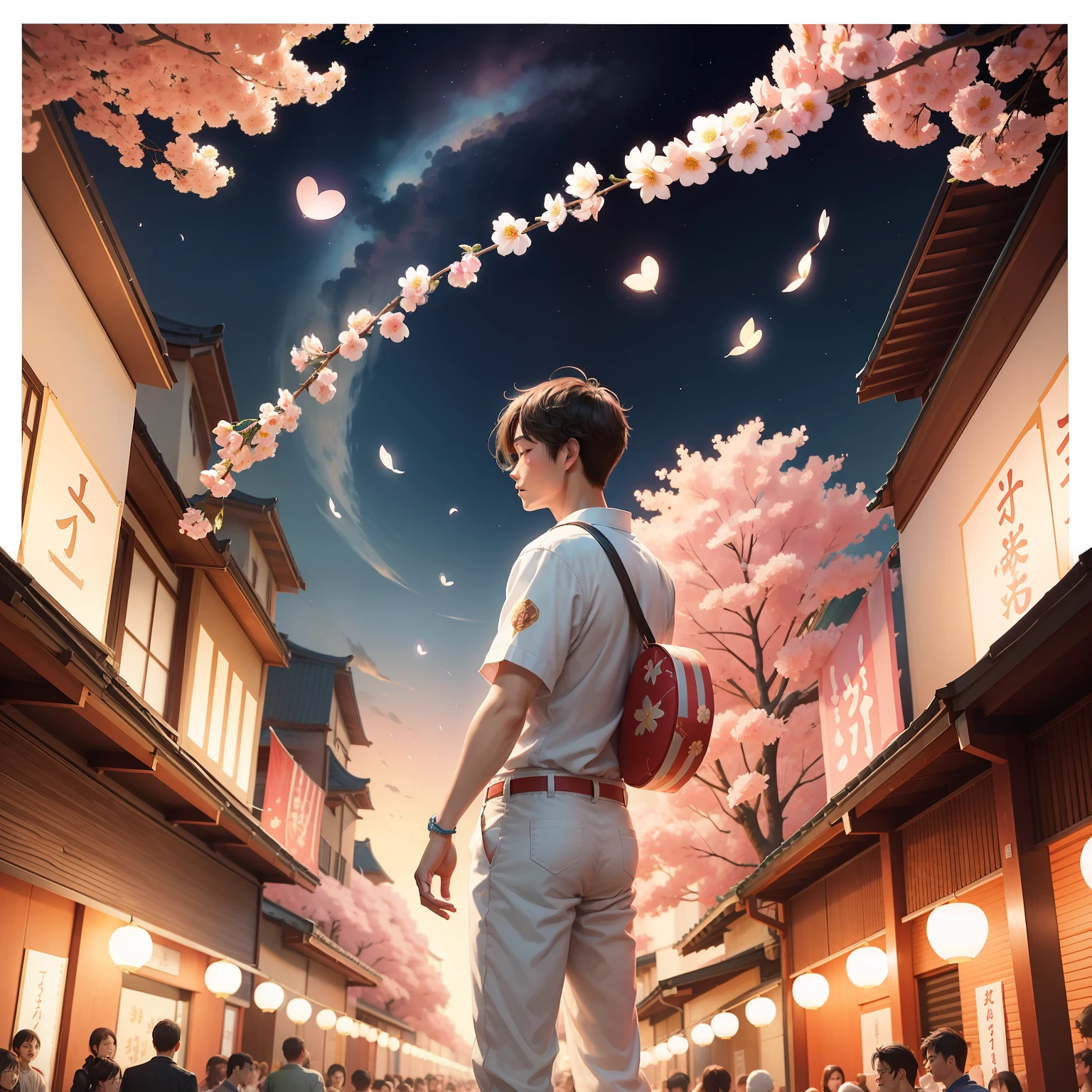 Tanabata Festival poster,Cartoon Love Heart holding flowers floating in the air in his left hand,the background is clean