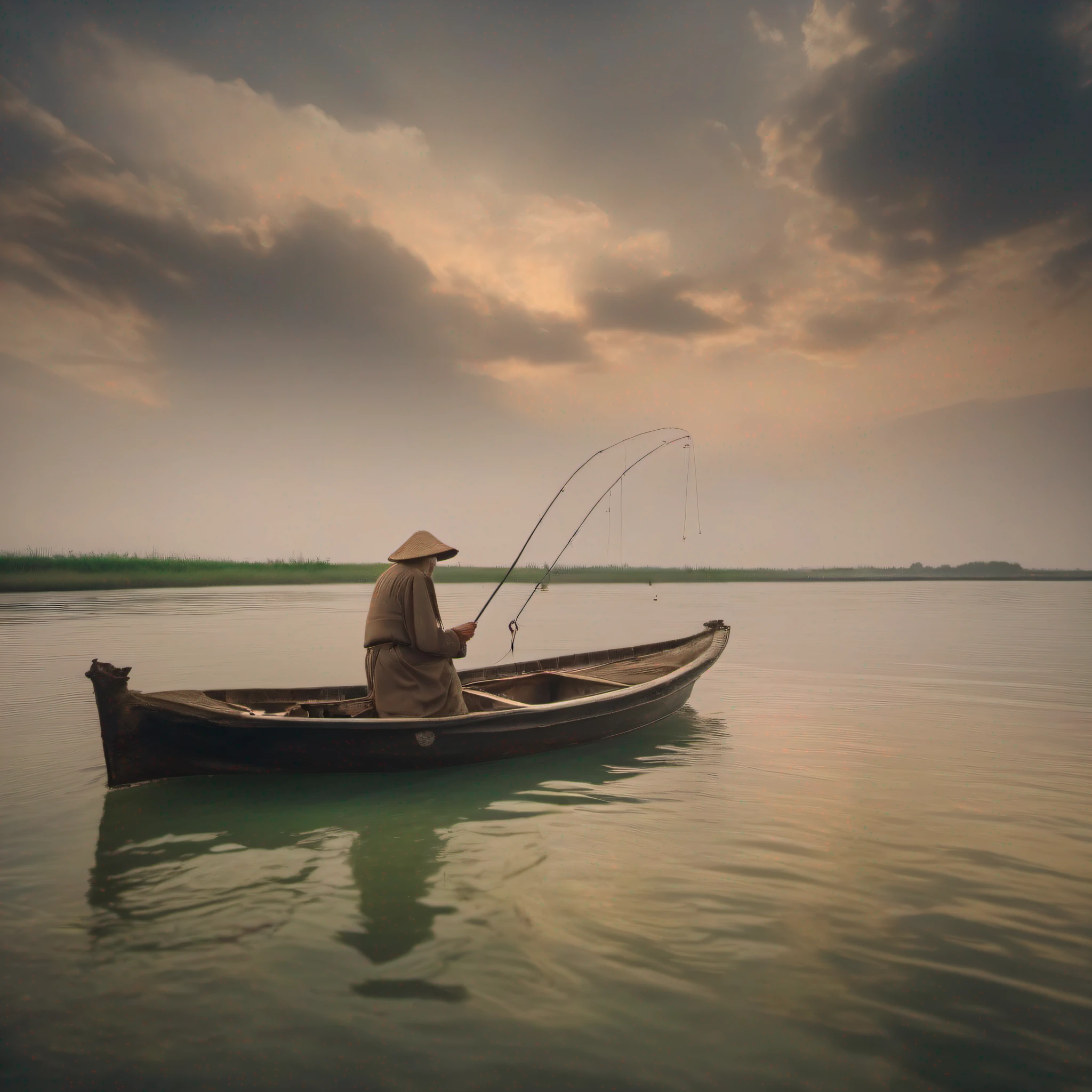 ancient wind,Soft focus, An old man in a dress fishing in a lonely boat