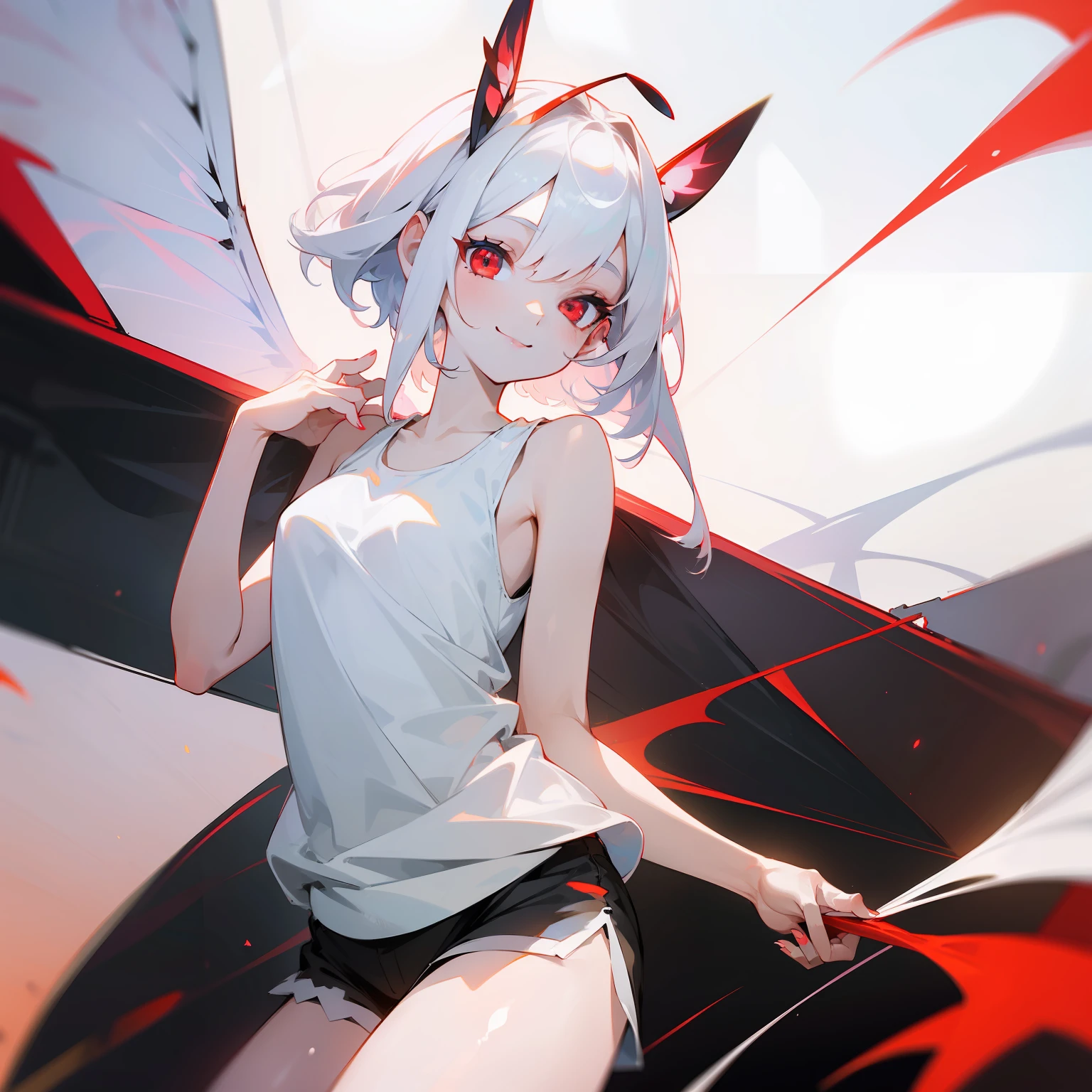 (( best quality, masterpiece )) 1girl, white skin, white hair, red eyes, bug antennas, moth wings, smile, white tank top, black shorts