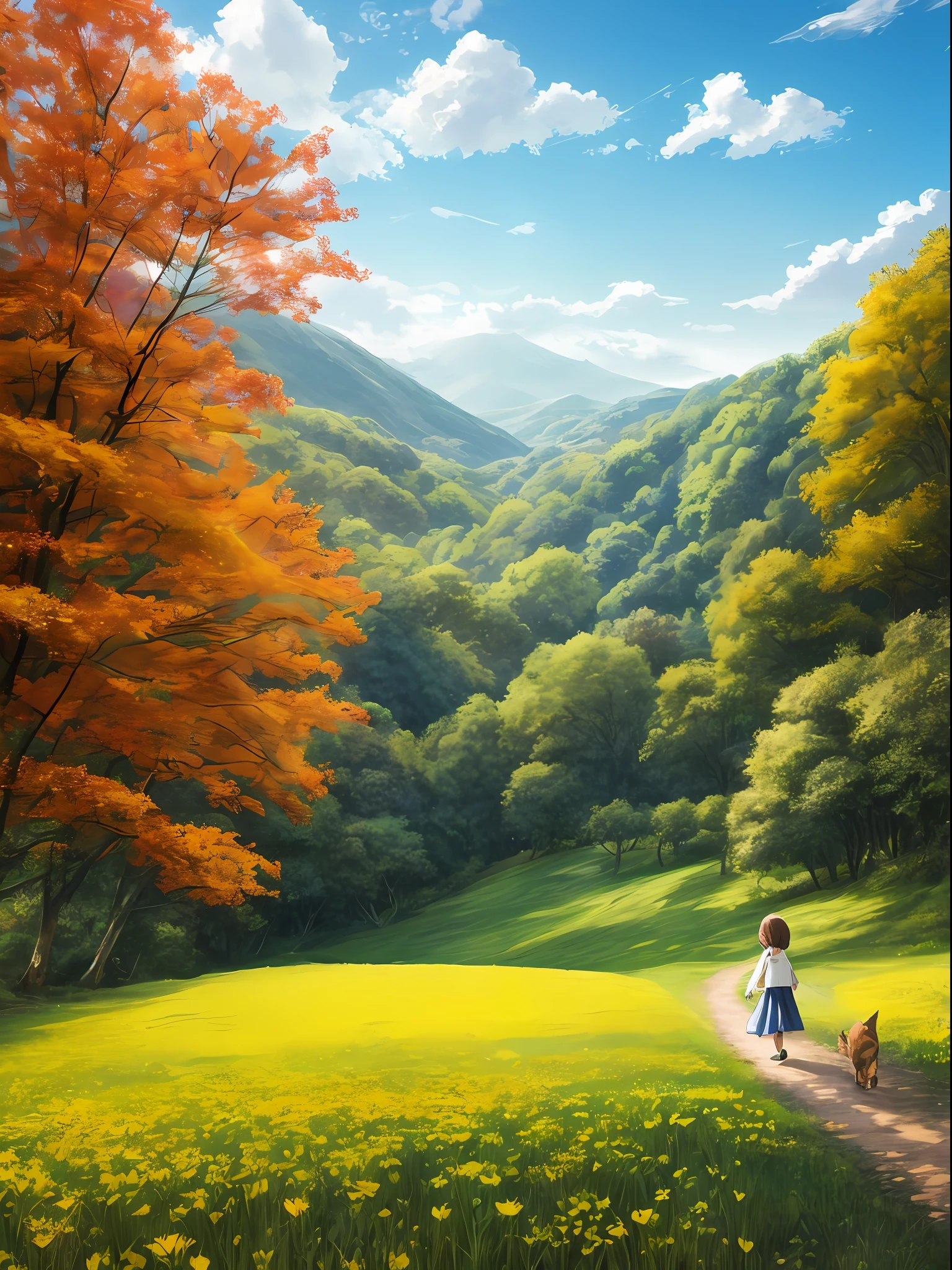 beginning of autumn, girl walking on the field ridge,A cute cat,Sunny day,plants and flowers, Wind, Leaves, fairytale-like, fantasy,Autumn is full of greenery,Green and yellow style, Bright background, White space at the top of the frame,by Ghibli Studio, --AR 3:4 --auto
