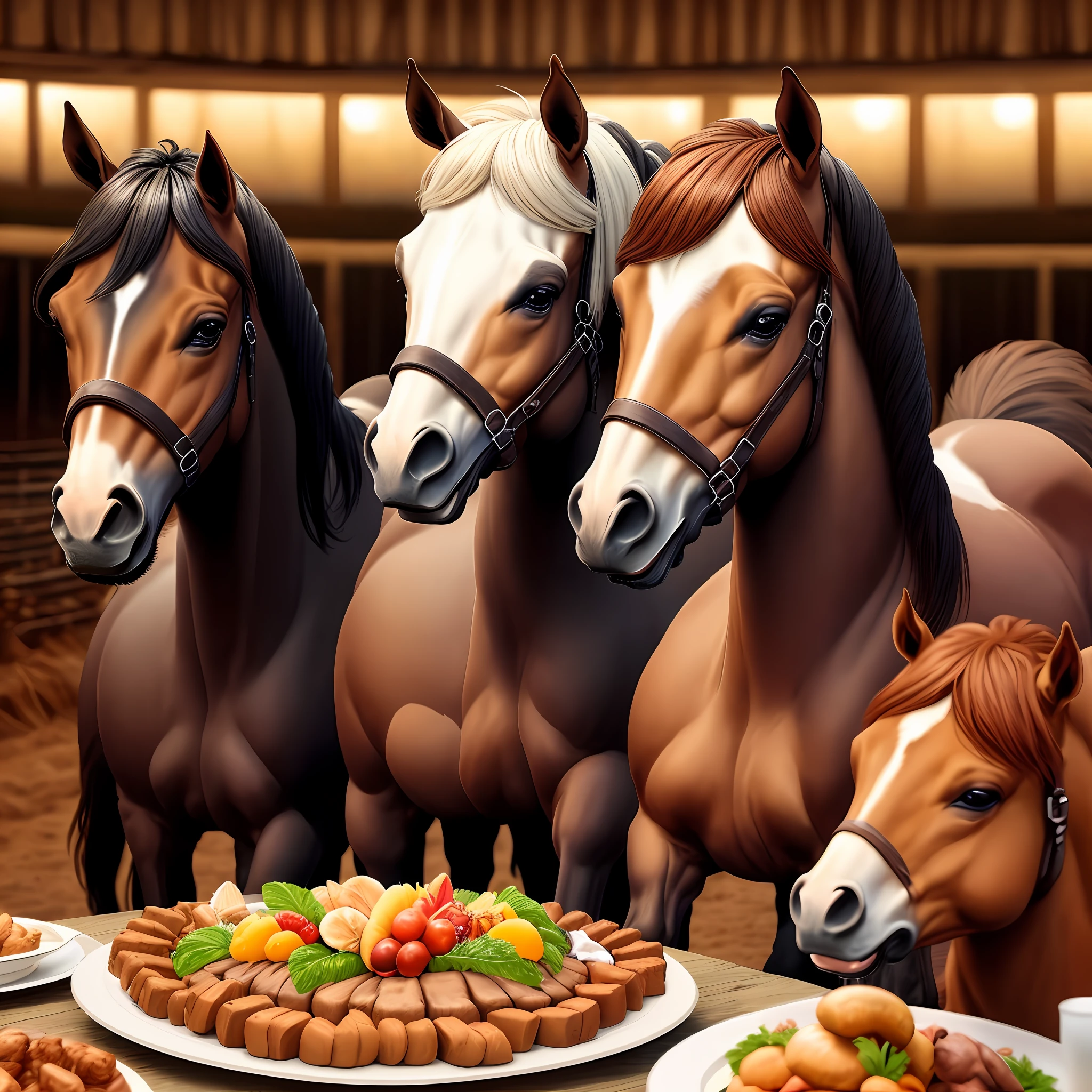 Cavalo marrom em uma fazenda junto a outros animais felizes festejando.