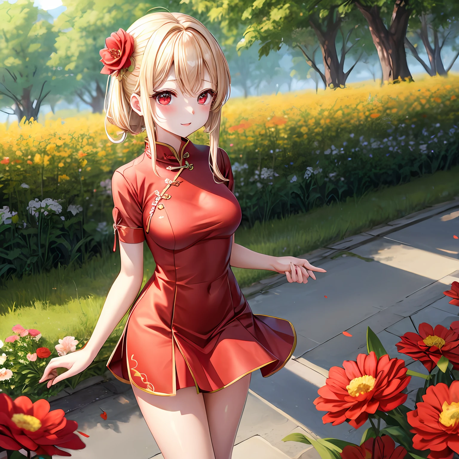 a blond、red eyes、One pretty girl、独奏、animesque、flower  field、red blush、qipao dress、a miniskirt