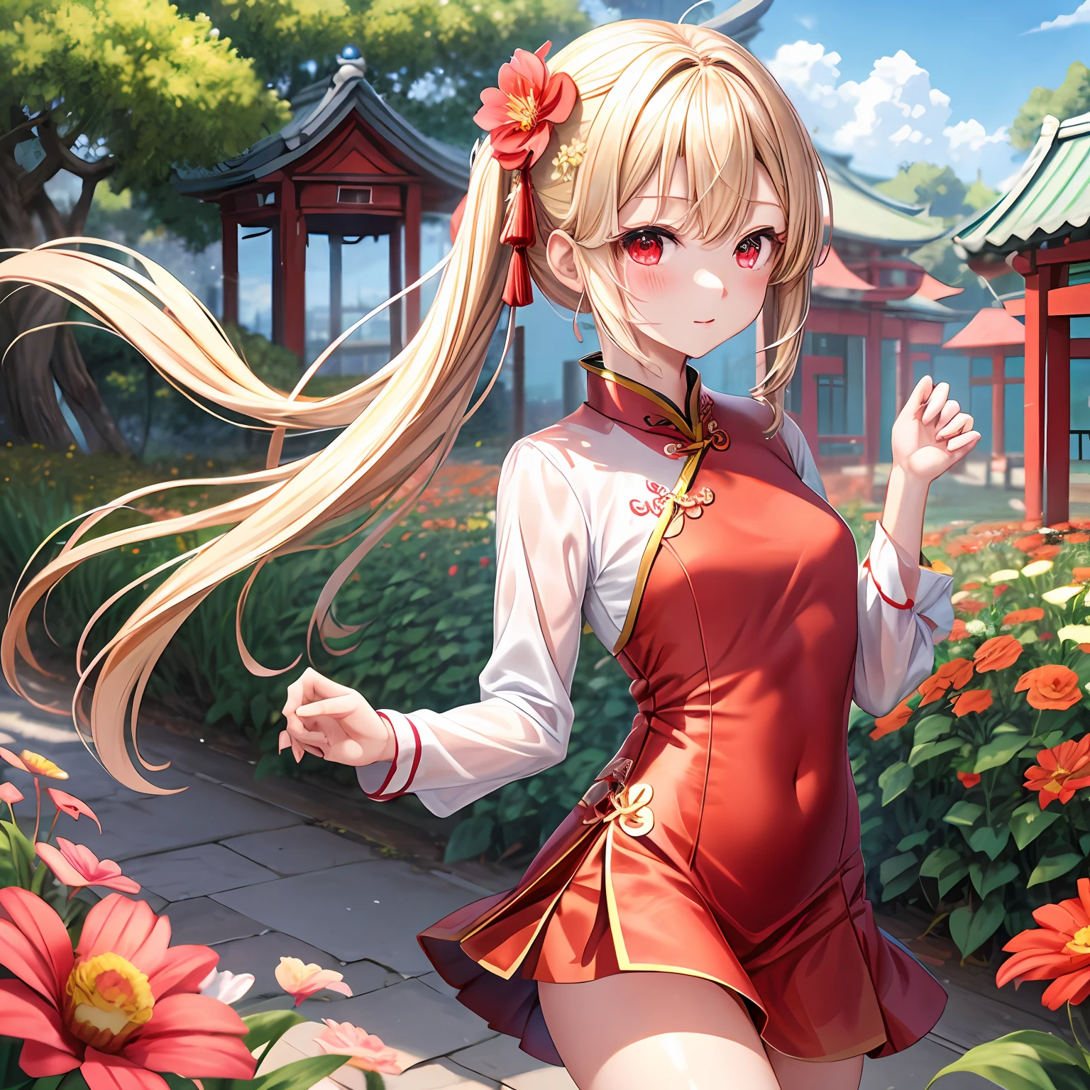 a blond、red eyes、One pretty girl、独奏、animesque、flower  field、red blush、qipao dress、a miniskirt