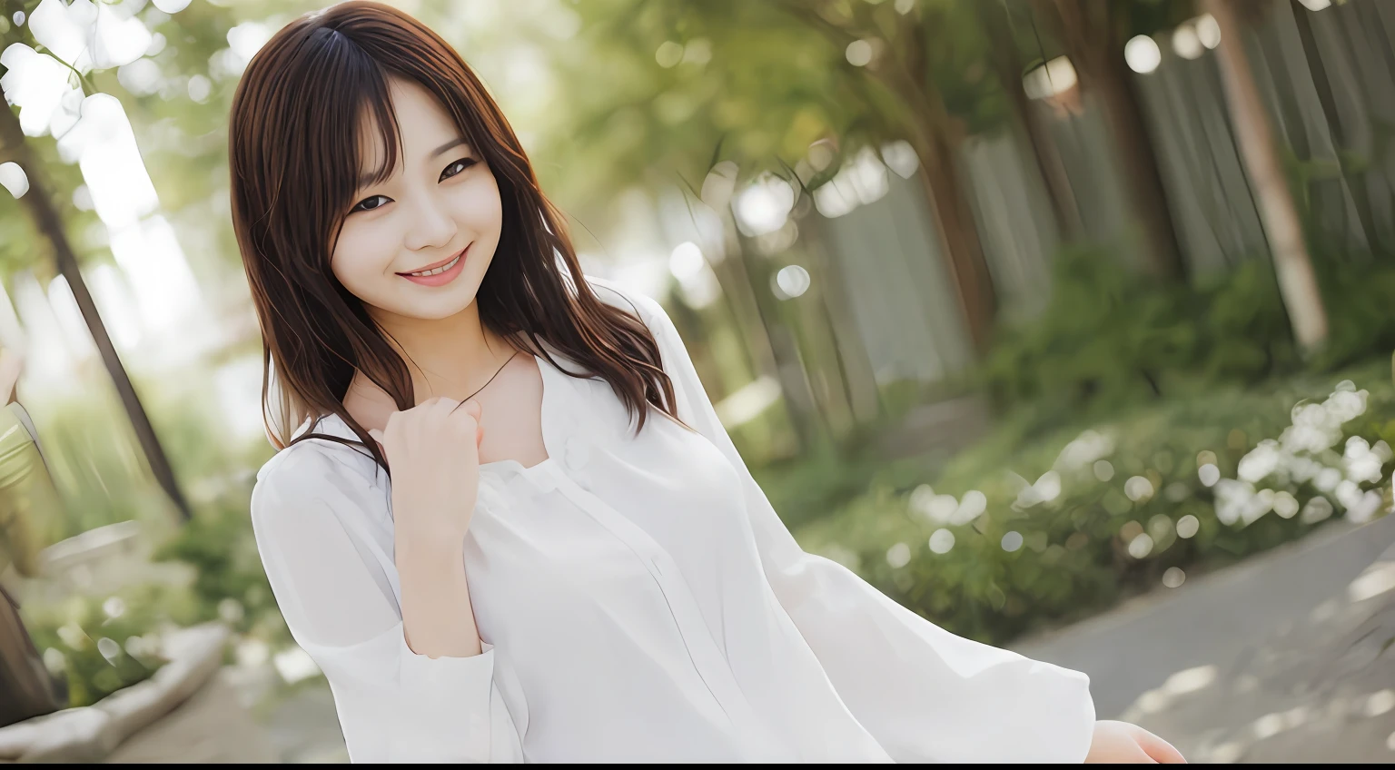 Realistic pictures of cute girls、A smile、White blouses、a miniskirt、Panchira、Bokeh