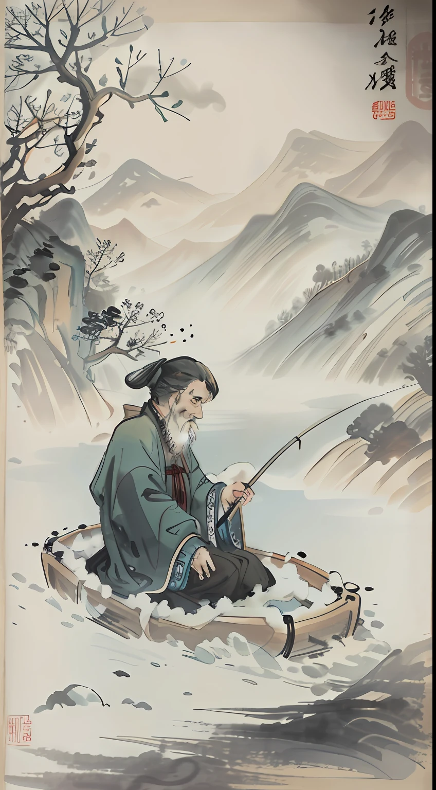 Traditional Chinese style,Black and white Chinese ink painting,water ink,ink,Smudge,Winters,nevando,Oyuki,In the distance, The mountains on all sides are covered with thick snow,On an empty and wide irregular circular lake, On a lonely ship, An old man in a robe sits fishing,Ultra-wide lens,Ultra vision,Empty River,Ethereal breath,Beautiful artistic conception,Ancient Chinese poetry
