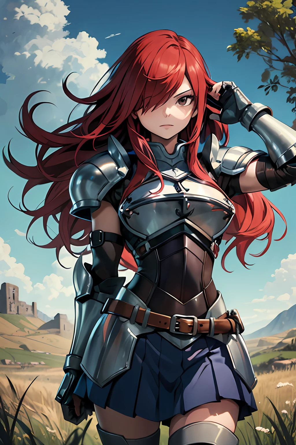 masterpiece, best quality, highres, fairy tail, 1girl, long hair, red hair, brown eyes, armor, shoulder armor, gauntlets, breastplate, armored dress, belt, pleated skirt, blue skirt, hair over one eye, field, grass, standing, cowboy shot