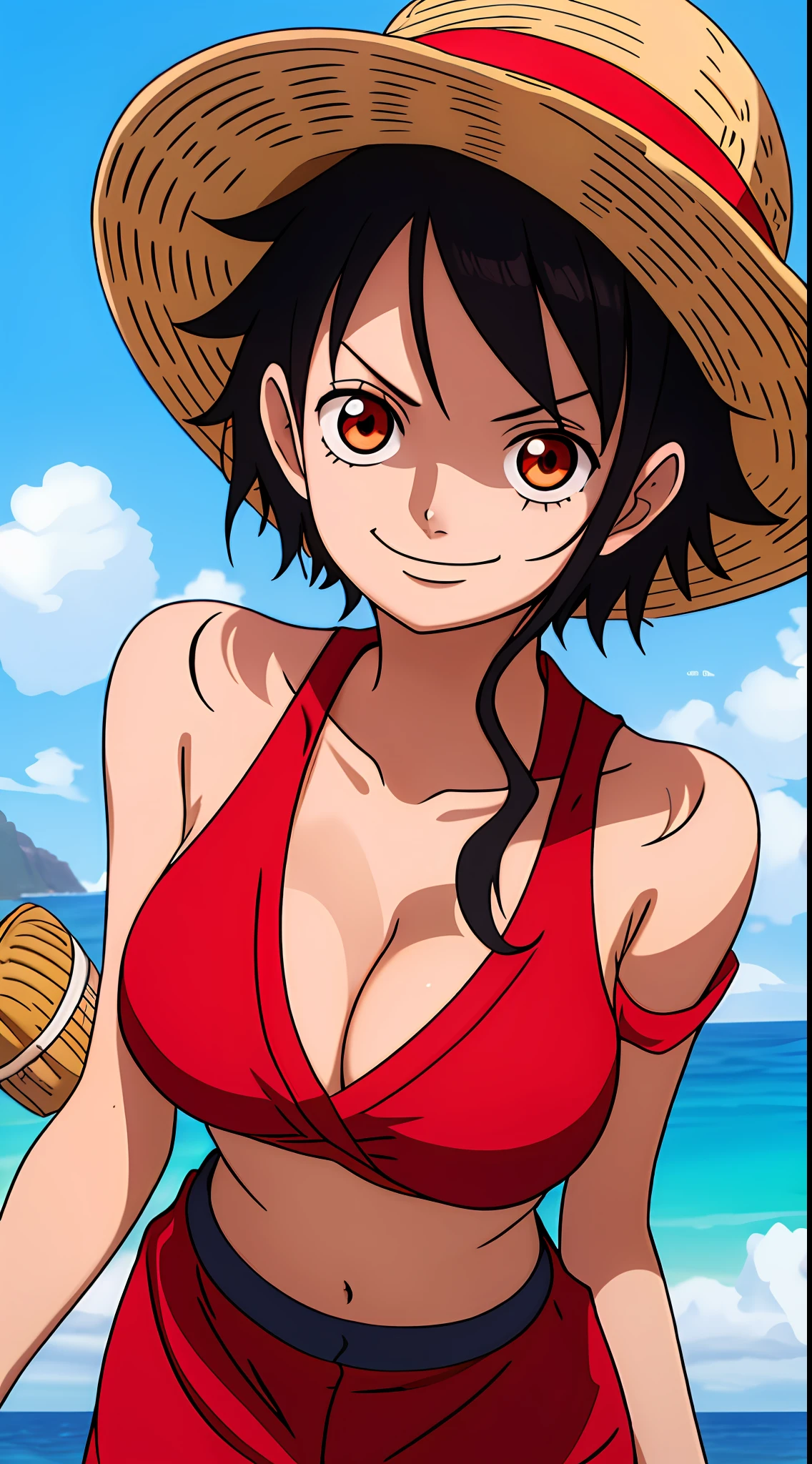 one-girl，Large breasts，cleavage，Off-the-shoulder attire，Be red in the face，Raised sexy，monkey d luffy, Smiling, Straw hat, Red vest，Solo,, ((Masterpiece)), (Best quality), (Extremely detailed), Depth of field, Anime screenshots, Scars under the eyes, preparing to fight, 黑The eye，Sea background