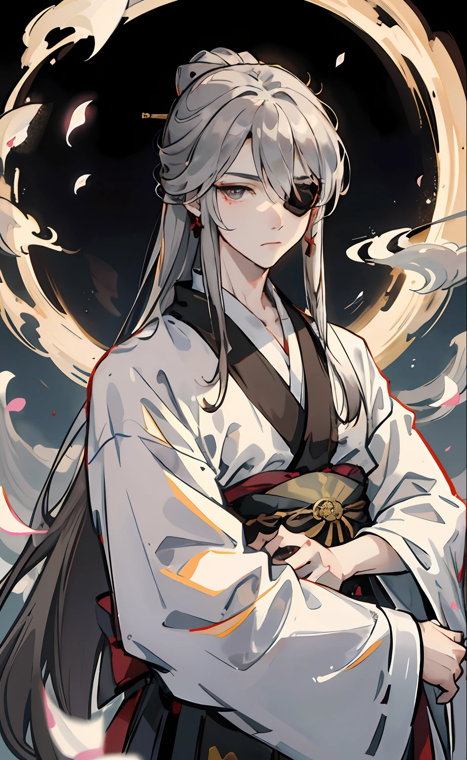 Adult male、Strong brown eyes、With long silver hair、smooth hair、Eye patch above one eye、resolute eyes、Complex white kimono、Luxury accessories、Magic smoke around him、FOV、F / 1.8、masterpiece、ancient Chinese architecture、natta、flower petals flying、Frontal portrait shot、side lights、Moonlight Shining on People、8K
