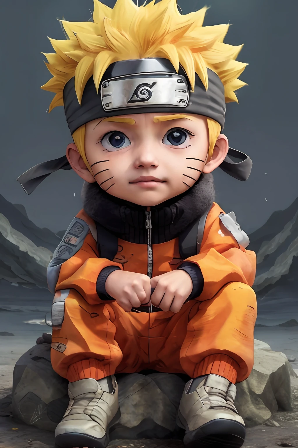 ((Masterpiece)), (best quality), 1 baby, spikey hair, naruto, baby naruto, high detailed, sitting on the rock