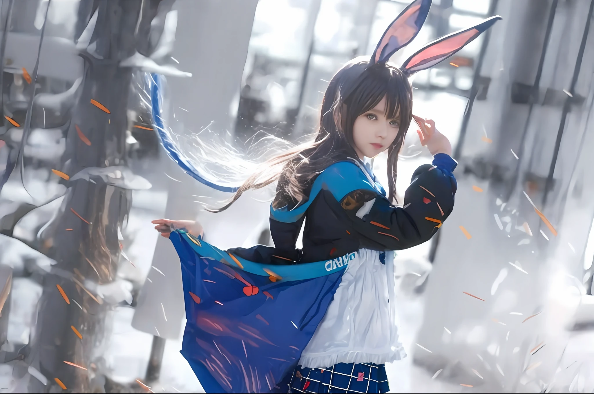 Anime girl holding blue bag in rabbit ears and blue dress, Anime girl cosplay, Anime cosplay is beautiful and colorful, Also, cosplay foto, professional cosplay, cosplay,  {{{masterpiece}}}, 8k wallpaper,