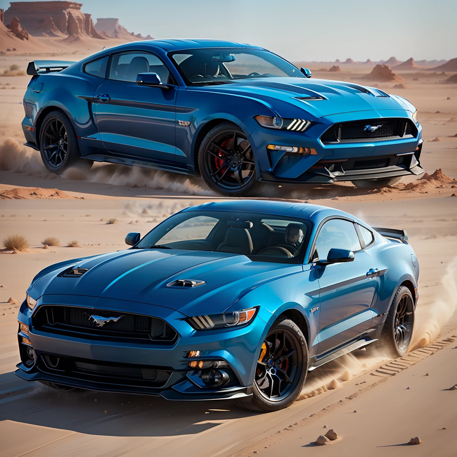 Crie um carro azul Mustang no deserto , com rodas de ouro