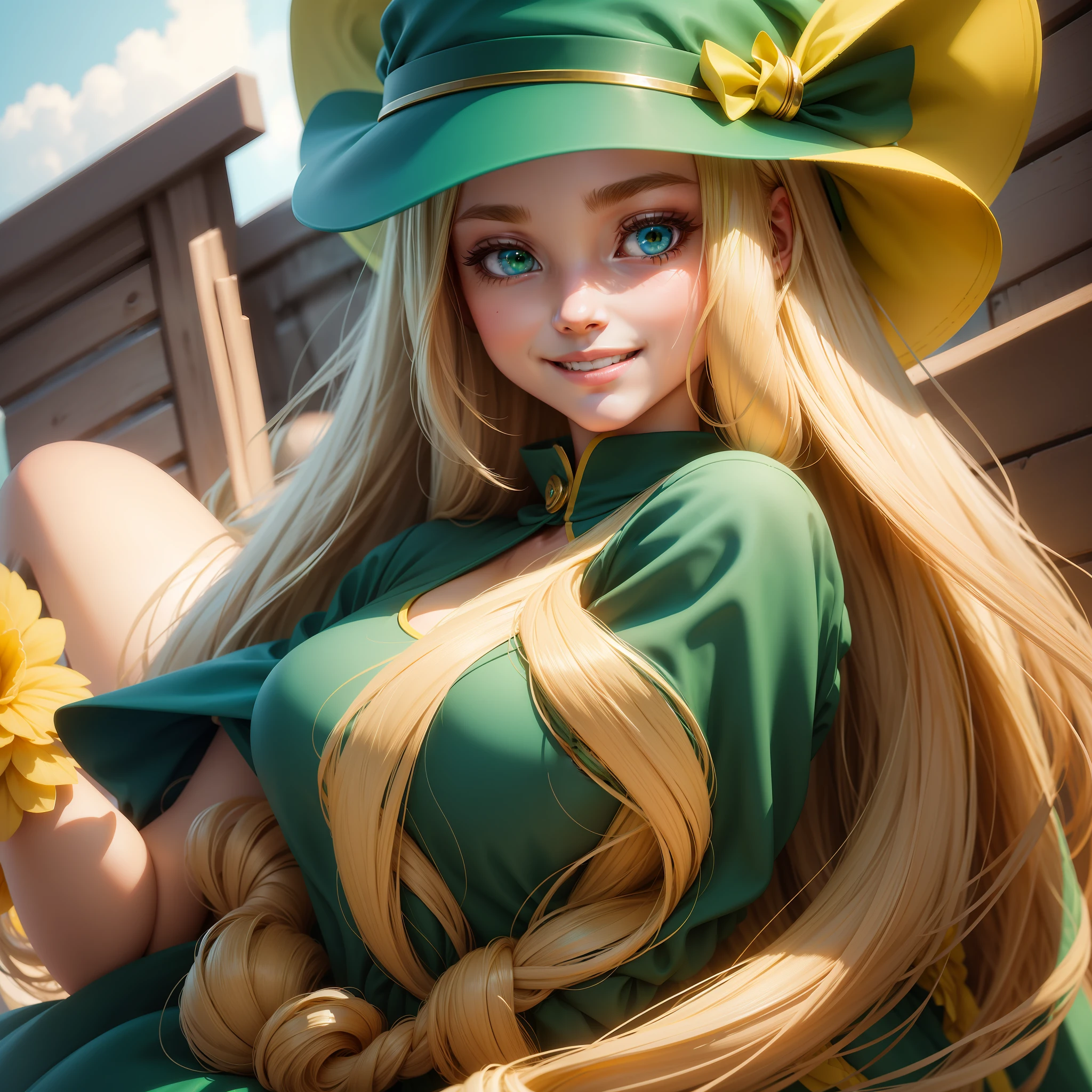 A girl with long hair,green eyes,blue hat,smile,cute,love, animation, sweet, ultra HD, yellow dress, Barbie girl