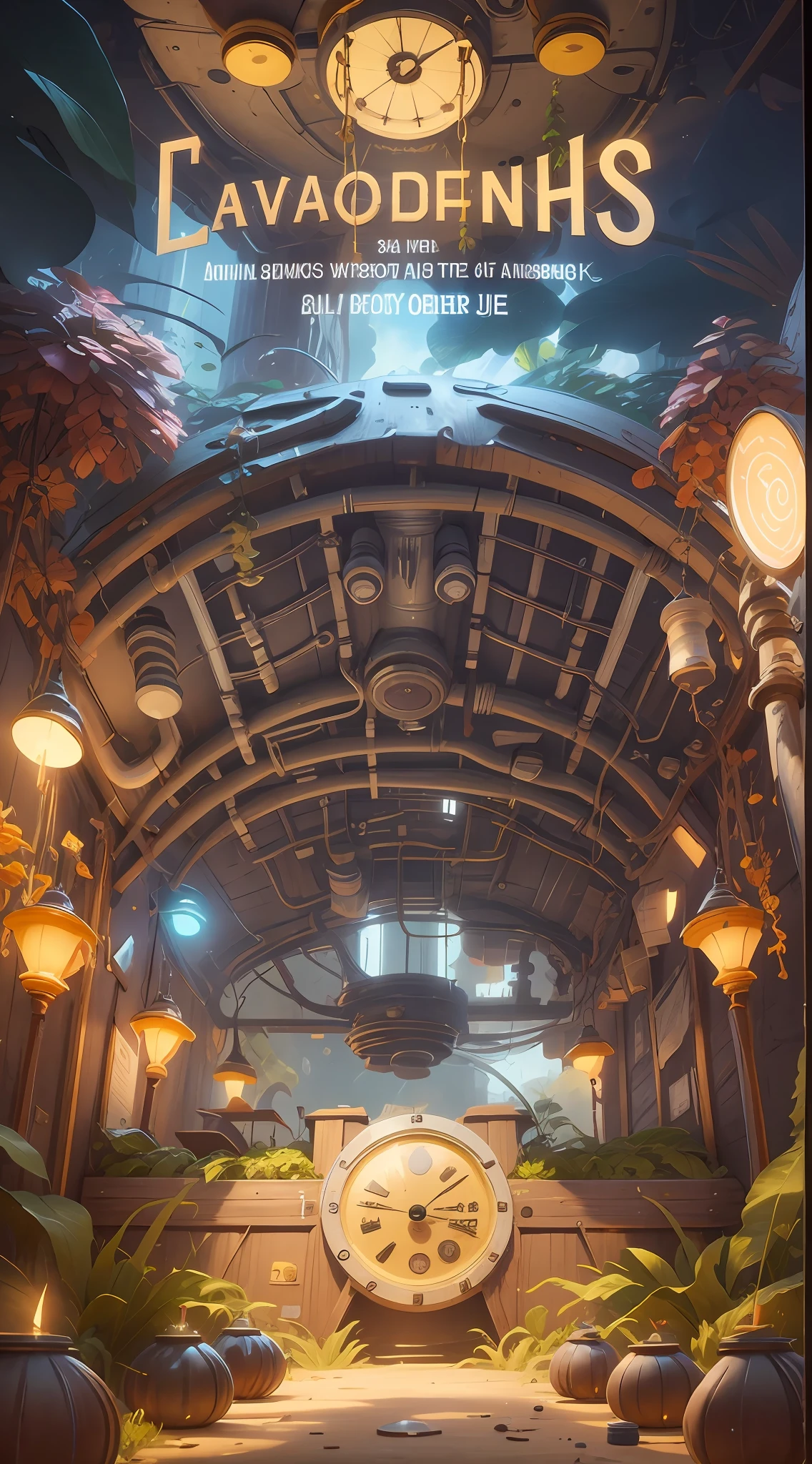 There are movie posters，There is a clock on it, highly detailed surreal vfx, art nouveau octane render, anime art nouveau cosmic display, art nouveau jungle environment, concept-art, concept-art, bioshock infinite art style, concept-art, Shown from below, bioshock infinite style, Under the glass dome, production art, lit from below, symetry!! concept-art