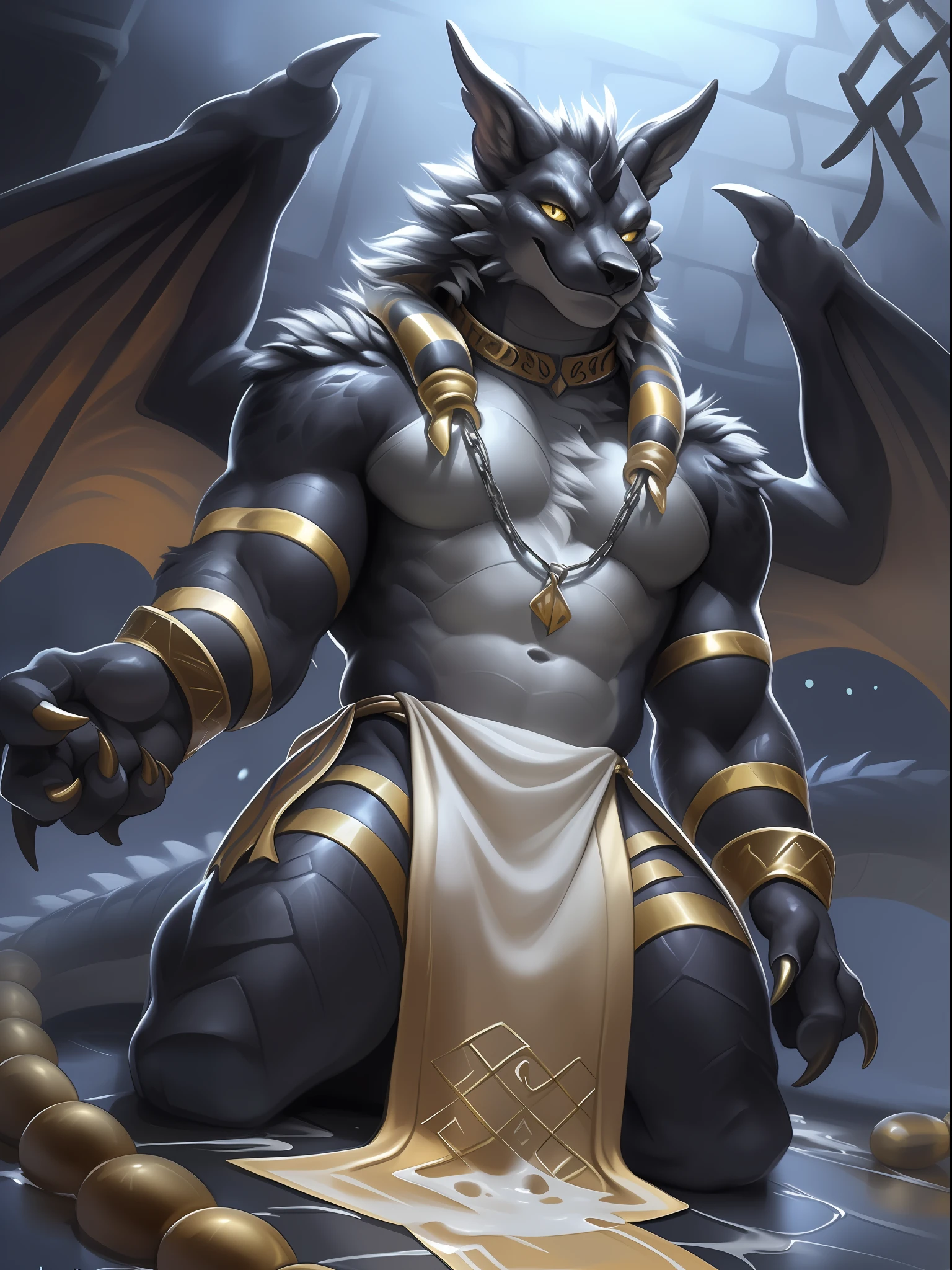 Solo, Male, (Muscular), sacrifices, (male anthro wolf):1.3, Pure black body,Kneel, (Kamimei):1.3, (komono:1.4) (DOA):1.23, (, Plain white loincloth wearing，white bathrobe）, Detailed eyes, lizard tail,A pair of dragon horns, A pair of dragon wings，((half-body portrait)), (Detailed eyes, Yellow eyes are always red, Black skin，Yellow stripes，Sharp claws，Cute beast claws，drools，Fluid spills from the lower body，Milk spilled all over the floor，Egyptian costumes，Egyptian totem，Abinus，glowing light eyes):1.1, (exteriors:1.35), altar, firey, fumo, In the bath, the night,foggy atmosphere， Be red in the face，Kneel，Collar，Cages，Chains bind hands and bodies，submit to，drunk，enjoying，looking to the camera，having fun（Particle，glowworm，blue glowing）：1.3，detailedbackground，realisticlying，realistic hand，8k hdr，（Dark shadows，Wide dynamic range，hdr，low-light：1.2），author（pino daeni，（author：by ruaidri），author：virtyalfobo）