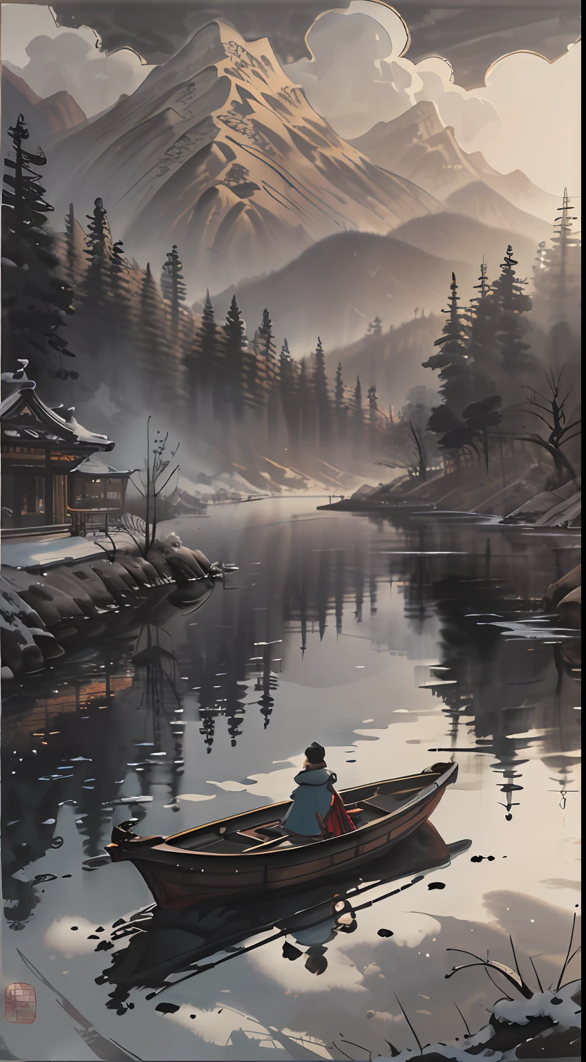Traditional Chinese style,Black and white Chinese ink painting,water ink,ink,Smudge,Winters,nevando,Oyuki,In the distance, The mountains on all sides are covered with thick snow,On an empty and wide irregular circular lake, On a lonely ship, An old man in a robe sits fishing,Ultra-wide lens,Ultra vision,Empty River,Ethereal breath,Beautiful artistic conception,Ancient Chinese poetry