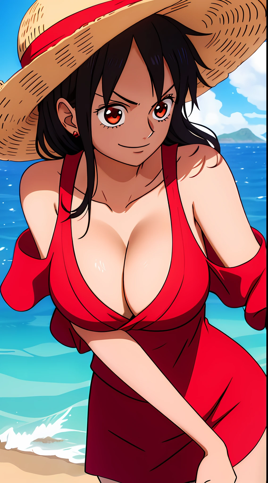 one-girl,Large breasts,cleavage,Off-the-shoulder attire,Be red in the face,Raised sexy,monkey d luffy, Smiling, Straw hat, Red vest,Solo,, ((Masterpiece)), (Best quality), (Extremely detailed), Depth of field, Anime screenshots, Scars under the eyes, preparing to fight, 黑The eye,Sea background
