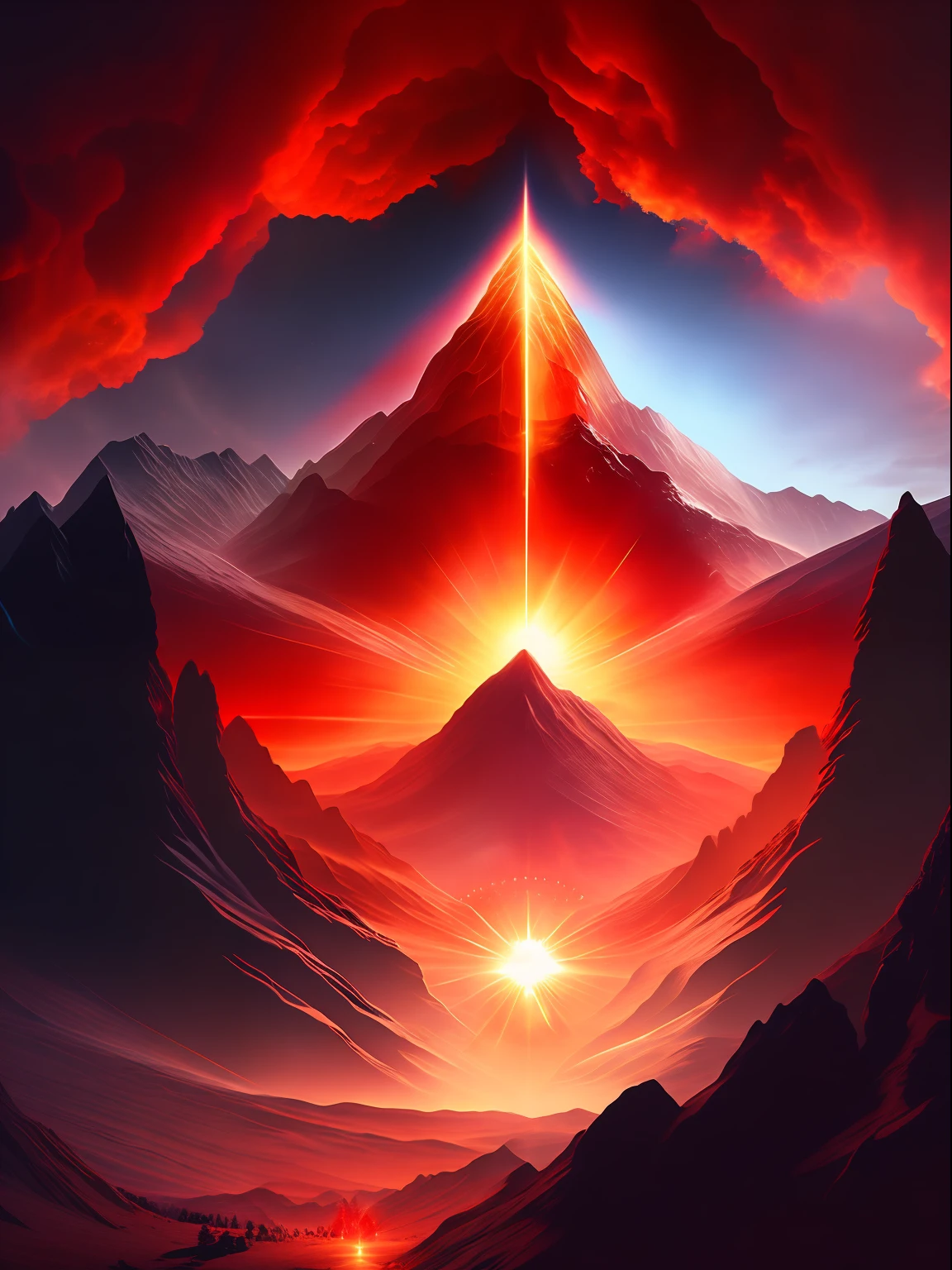 Best quality, masterpiece, ultra high res, (photorealistic:1.4), raw photo,Land of Heavens, mountains illuminated by a fire, fire descending and ahead a to Lord of the Rings, Sauron, fantasy, red tones, T-shirt design, midjourney, vector art, hydro74, solar flares, halo effects, suite, cinematic lighting, serene bliss, diffused light, daylight, god rays, sun rays, chromatic abberation, caustics