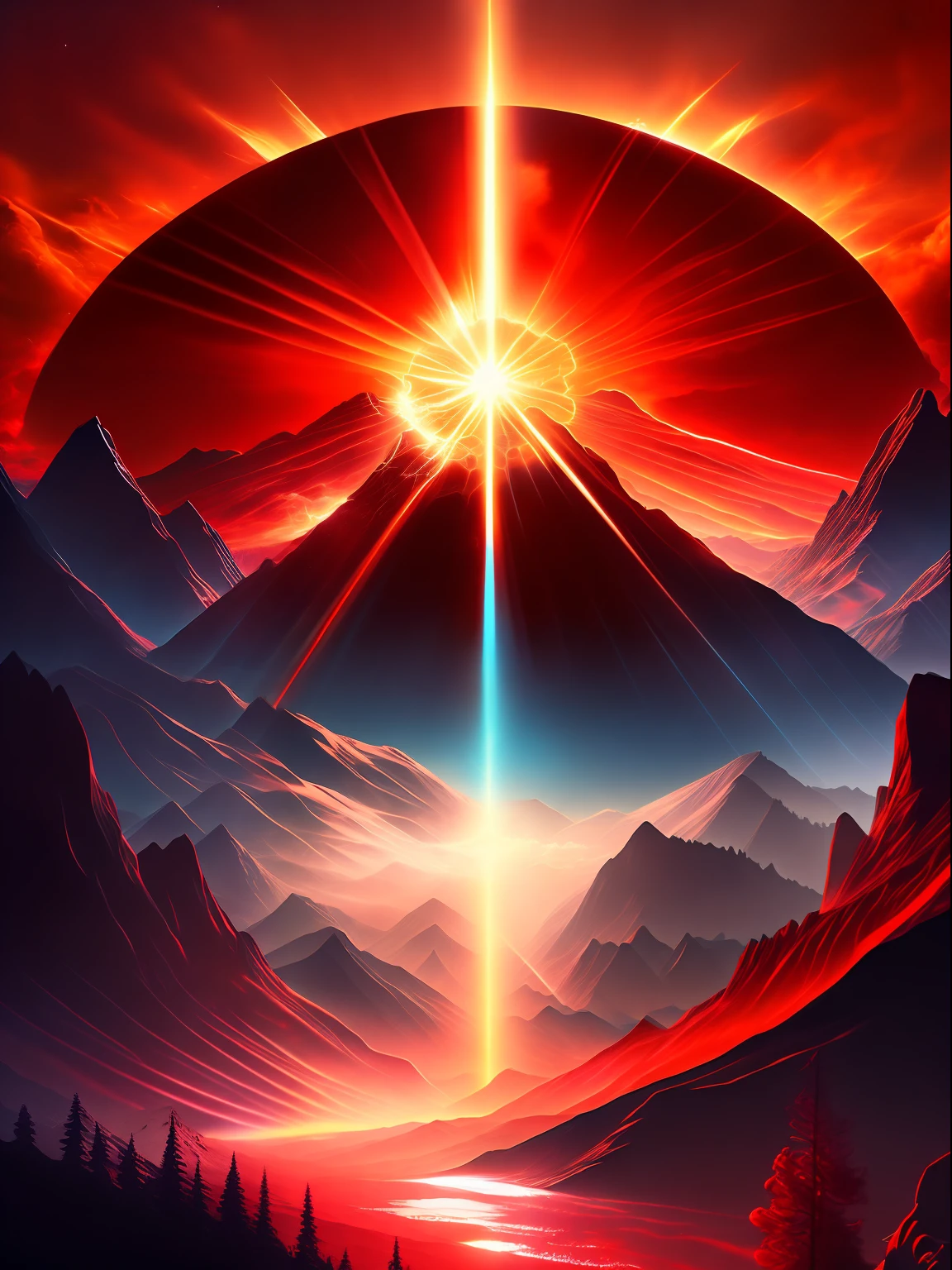 Best quality, masterpiece, ultra high res, (photorealistic:1.4), raw photo,Land of Heavens, mountains illuminated by a fire, fire descending and ahead a to Lord of the Rings, Sauron, fantasy, red tones, T-shirt design, midjourney, vector art, hydro74, solar flares, halo effects, suite, cinematic lighting, serene bliss, diffused light, daylight, god rays, sun rays, chromatic abberation, caustics