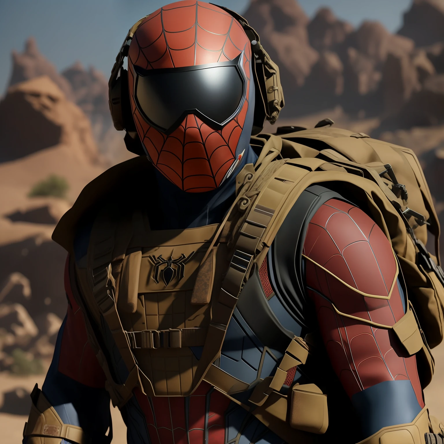 spider-man、dirty.、Wearing a plain brown suit、A desert、Inspired by the military、Camouflage pattern、bulletproof vest、bandana、military outfits、to stand、high detal、realisitic、armor、masterpiece、top-quality、goggles、Shoulder Armor、Brown mask、realisitic、explicit、realisticlying、Face Guard