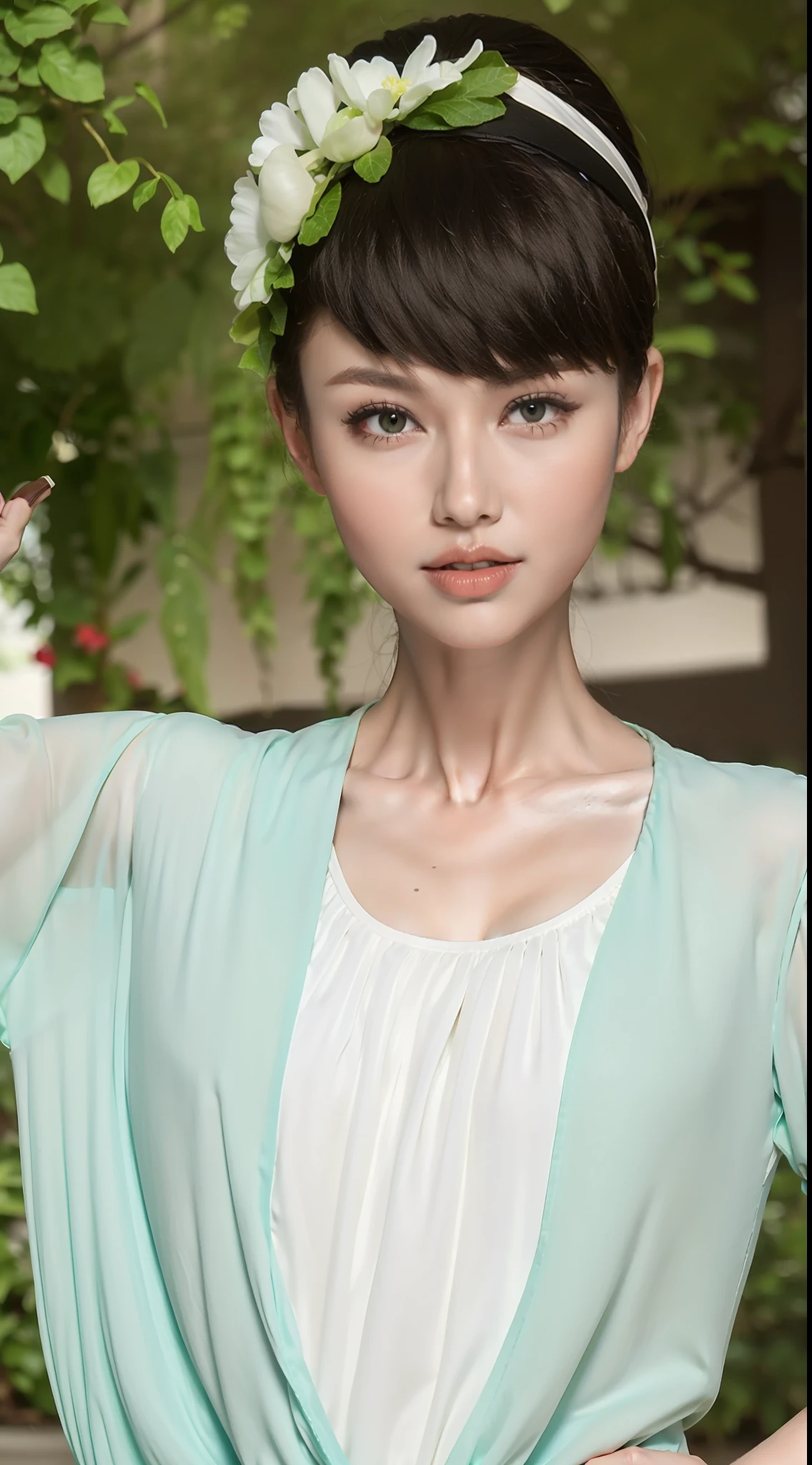Fashion model 20 years old [[[[closeup cleavage]]]], [[[[boobgasm]]]], [[[[coll]]]], [[[[bshoulders]]]], perfect  eyes, Perfect iris，Perfect lips，perfect teeth，Perfect skin，Long face，slender nose，with fair skin，Soft front light，hdr，Movie girl，white  clothes，Casual，The background is outdoor，green trees，fresh flowers，Tano，grassy fields，（pastel colour：1.2）