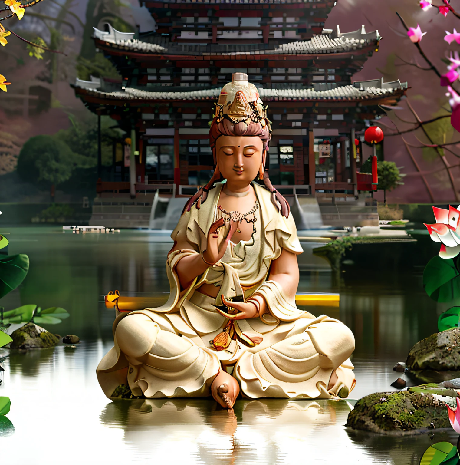 Guanyin sits on a lotus throne, Guanyin Bodhisattva, Avalokitesvara, Chinese temples scattered in the forest not far away,   Waterfalls pour into lakes or streams in the background, Mountains and small lake of Briante in the background, lotus flowers in the foreground, Clear and clear fingers, Clear and distinctive toes, Clear and vivid facial features,jewelry, leafs, the lilies, Lily_pads, necklace, plant, Solo, chinese temple, paths, cherry blossom, Sharp focus, sun's rays, Sparkling ripples, Wind ripples, hyper-high detail, Realphotos, Intricate details, Perfectcomposition, beautiful detailed intricate, 8 K photography, Photorealistic, Masterpiece, photo-realistic, Image Enhancement,Image post-processing,Image retouching