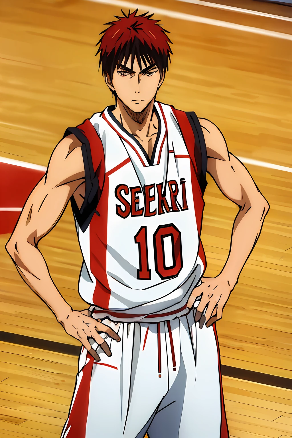 (masterpiece, best quality:1.2), cowboy shot, solo, male focus, 1boy, kagami taiga, expressionless, closed mouth, looking at viewer, hand on hip, sportswear, basketball uniform, basketball court