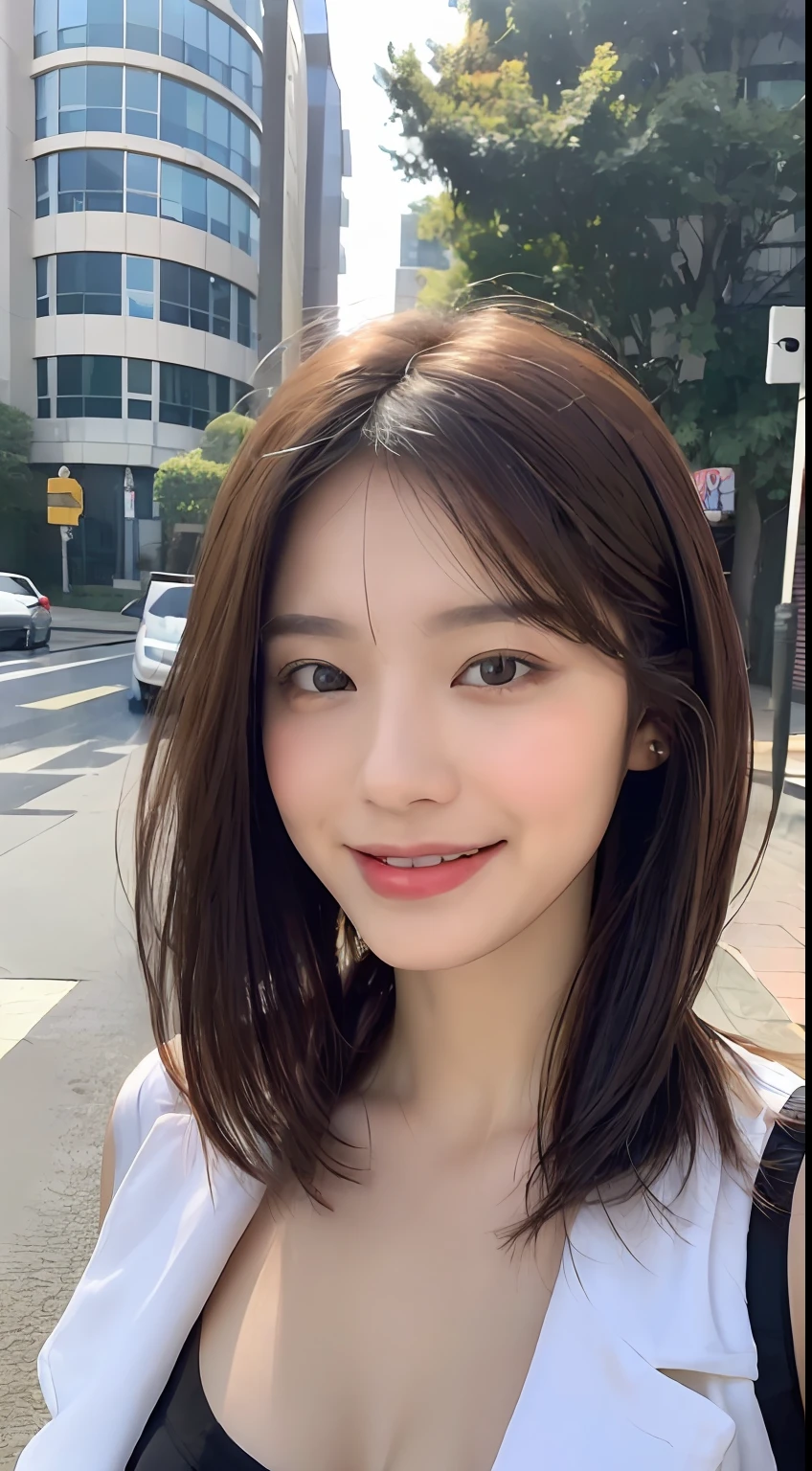((best qualtiy, 8K, tmasterpiece:1.3)), Focus:1.2, perfect figure beautiful woman:1.4,, ((Cut hair in layers, Beautiful breasts:1.2)),(rain, street:1.3),Highly detailed facial and skin texture, A detailed eye, 二重まぶた,Whiten skin,long whitr hair,ssmile