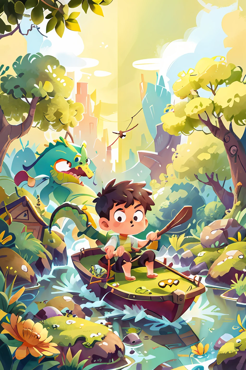 Poster design,(sfw),A boy rowing,chinesedragon,Spring outing,green color,country,cheerfulness,The background is a small river interspersed with Chinese-style streets,Perfect quality,Clear focus,extremely colorful,s the perfect face,Complicated details,ultra-low perspective,wide wide shot
