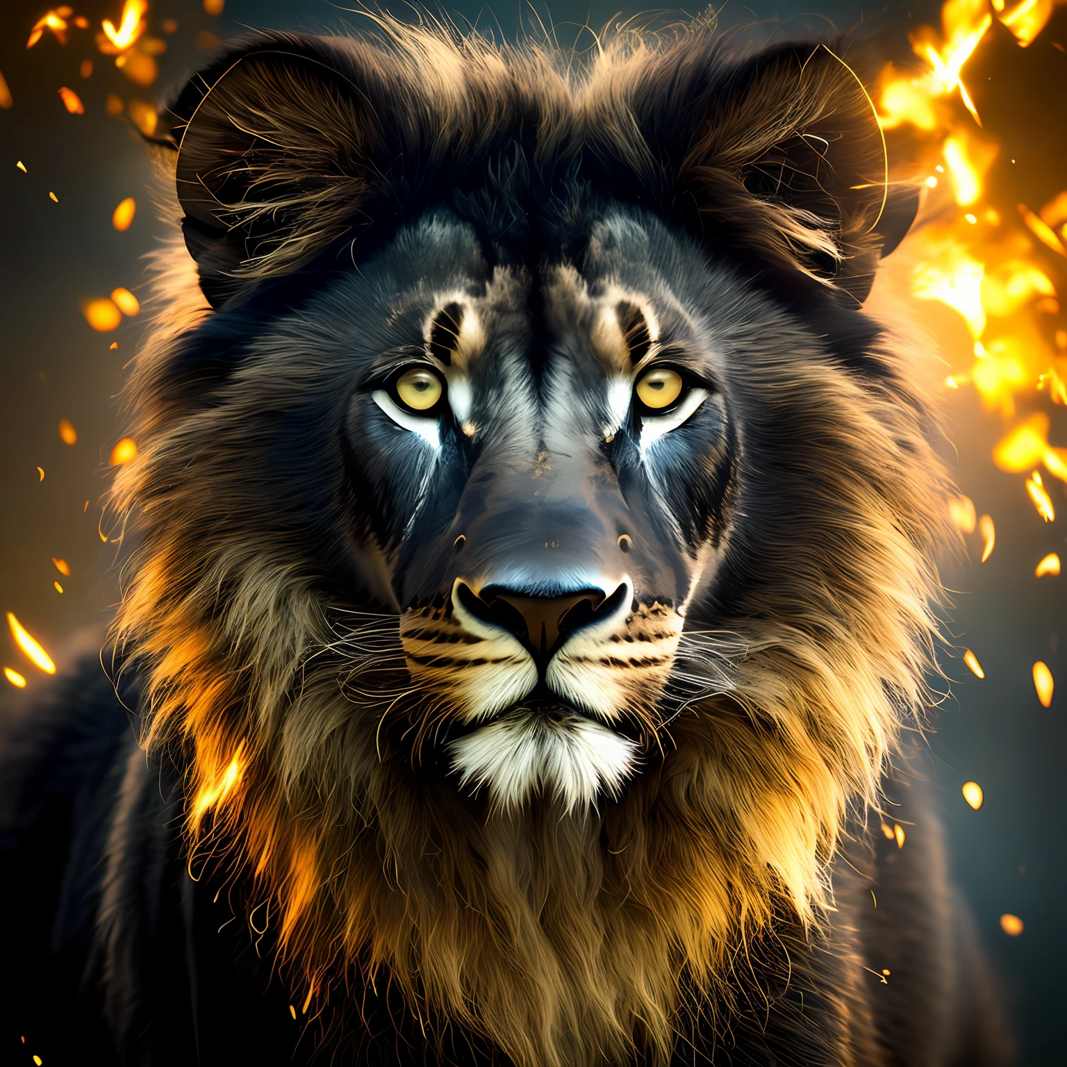 (tmasterpiece) Insanely detailed photo of a black lion with golden eyes, in the style of bio-art, Crude metallicity, Black & White Craftsmanship, Golden African influence, clean color, a closeup of a, The woman, Stock Photo, tmasterpiece, beste-Qualit, hiquality, чрезвычайно детализированные обои CG unity 8k, Landscapes, award-winning photo, HDR, trend on artstation, Trend of CGsociety, intrikate, higly detailed, 电影灯光.