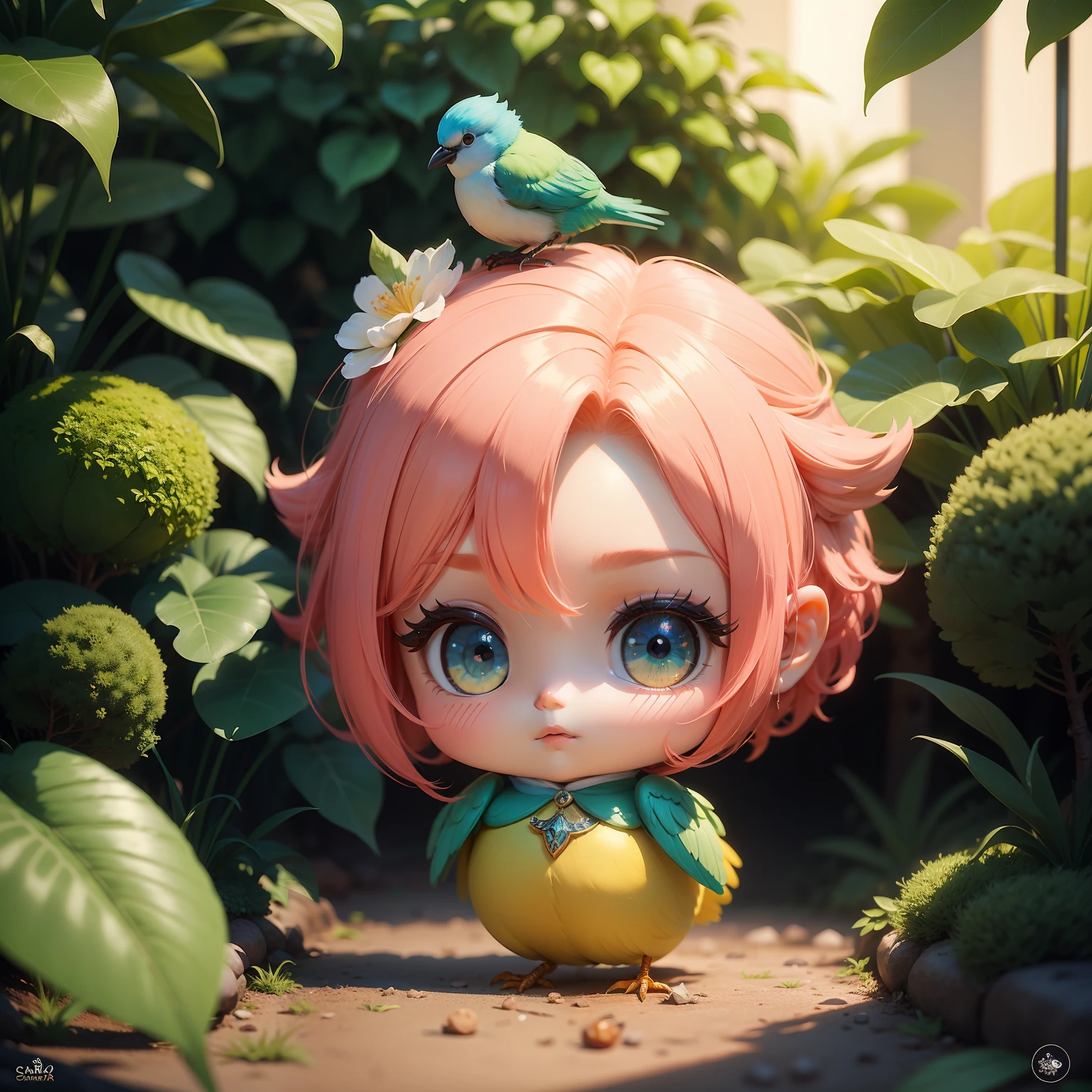 Calopsita, bird, em um jardim encantado. Estilo Chibi, Hiper realista, super fofo, 8k, disco Rigido.