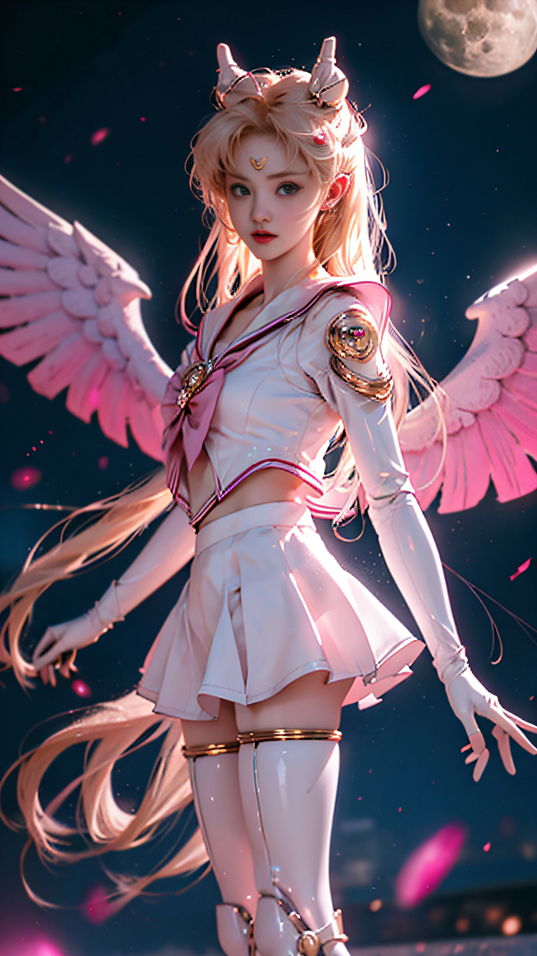 Super beautiful glowing big eyes、1 Mechanical Girl: 1.4, Sailor Moon, white mechanical arm, humanoid body, pink sailor suit, good looking face, Sailor Moon, moon hair, Rabbit ears, mechanical ears, White blouse, Blonde hair, Mechanical arm, Pink skirt, Side, heart-shaped robot in the background, sci-fi background, Complex background, hair glowing hair, forehead hair light, Moon, the panorama, mechanical wings, large wings in the background