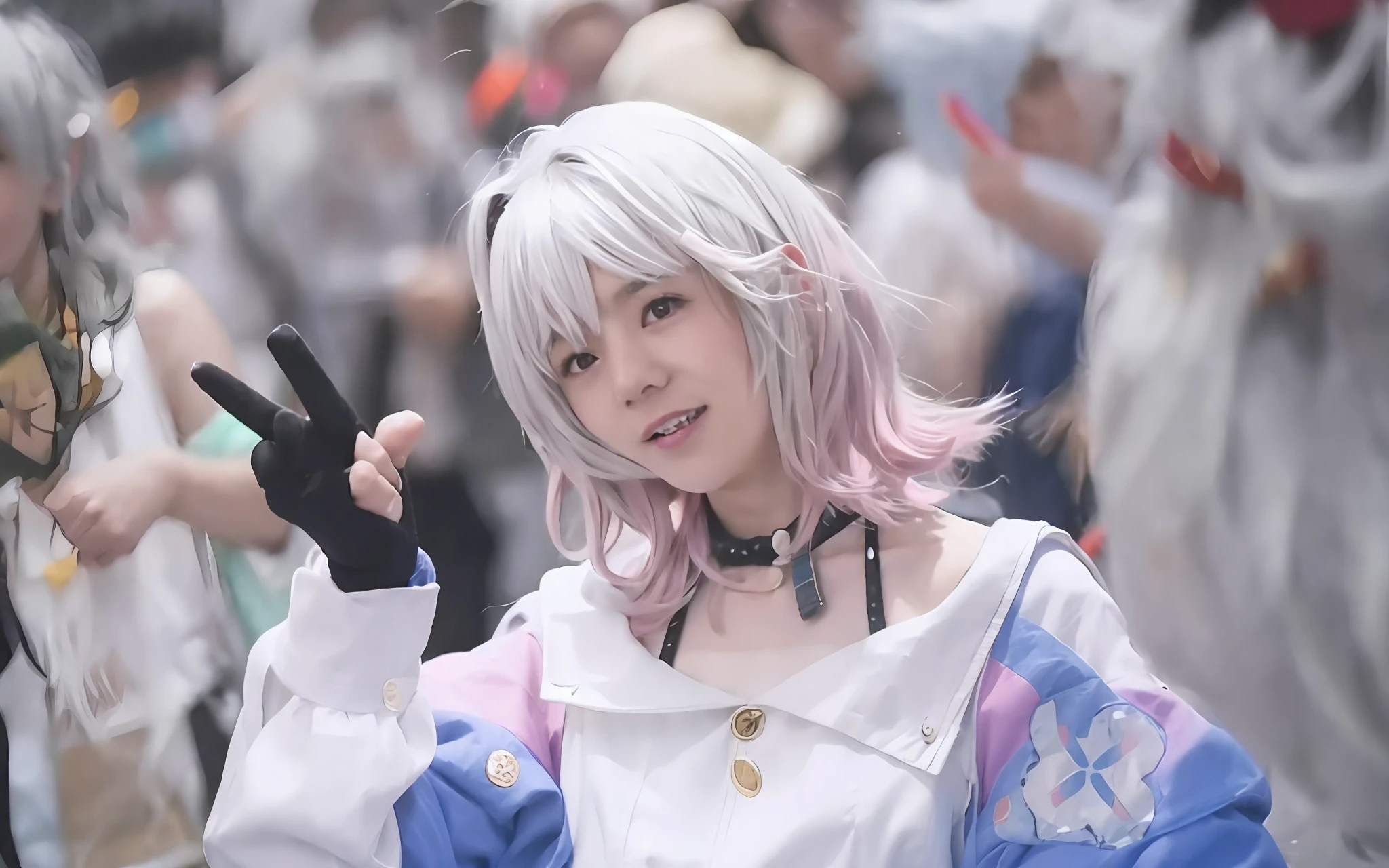 There is a woman with pink hair and a white shirt holding a peace sign, Anime girl cosplay, Anime cosplay, rpgmaker, cosplay, professional cosplay, Anime girl in real life, anime figure,masterpiece, best quality,
