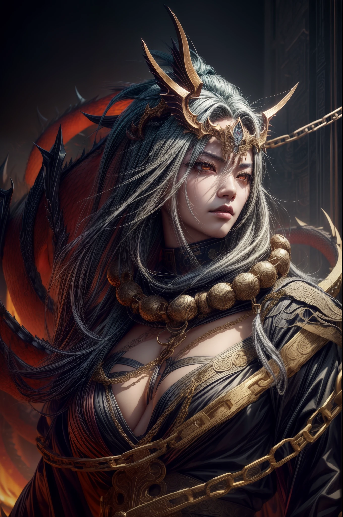 a close up of a person with chains around their neck, by Yang J, keqing from genshin impact, loong, god of dragons, cyborg dragon portrait, from arknights, ornate supreme demon overlord, trending on artstation pixiv, on an epic intricate oroboros, zhongli from genshin impact, human and dragon fusion, immense detail