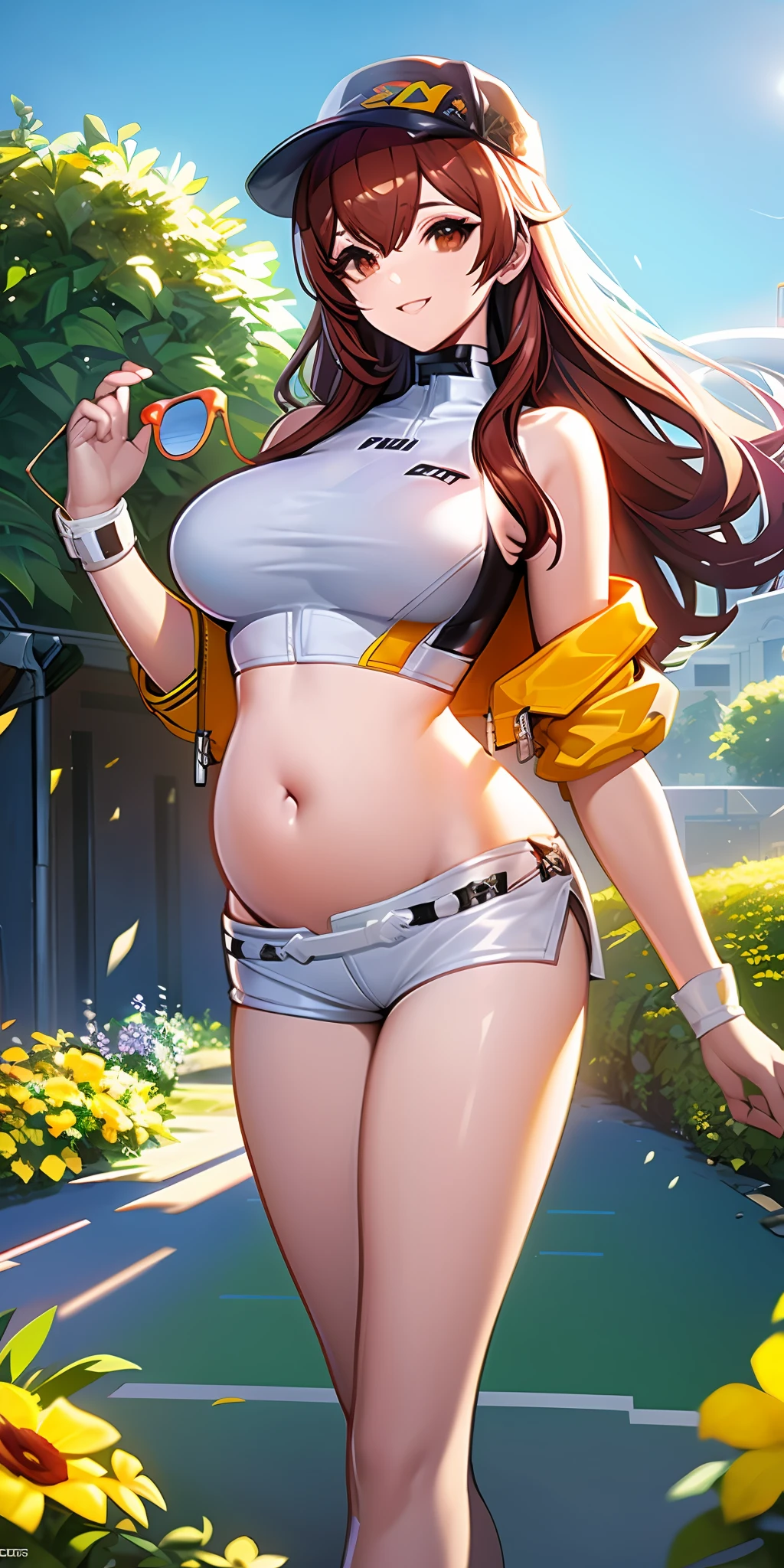 (Masterpiece: 1.6, Best quality), (beautidful eyes: 1.2), (Overhead), High quality, Beautiful face, 1girll, Wide shot, White crop top, Leather shorts, Oversized leather jacket, Open shoulders, Big tits, Long hair, Wide hips, (gardens), street, Background, Detailed background, creepy smile, Angled Laughter at the Corners of Mouth, sunglasses,Pregnant belly,Pregnant belly