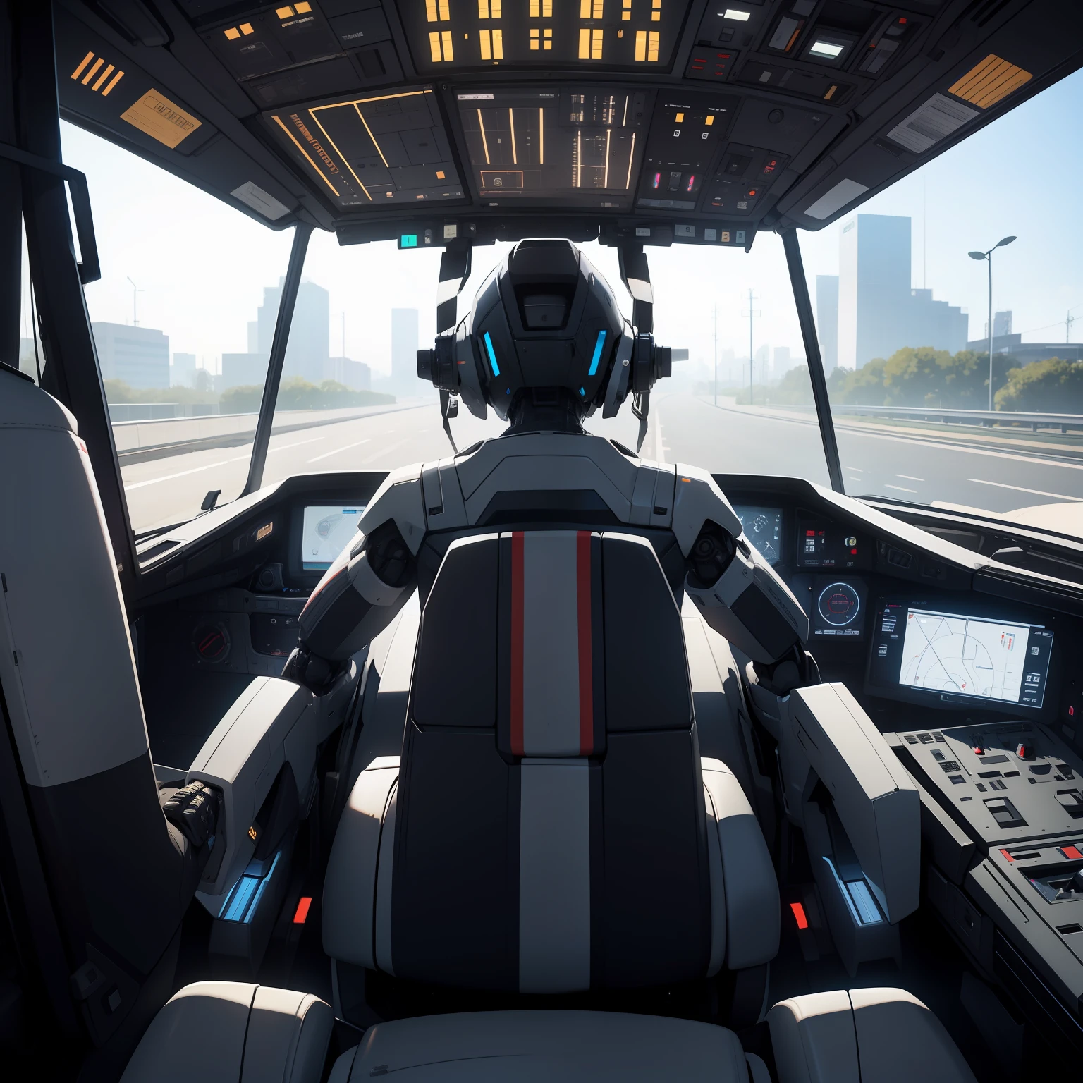 in cockpit　Large robots　management　male people　30-years old　Third-person perspective　from the rear