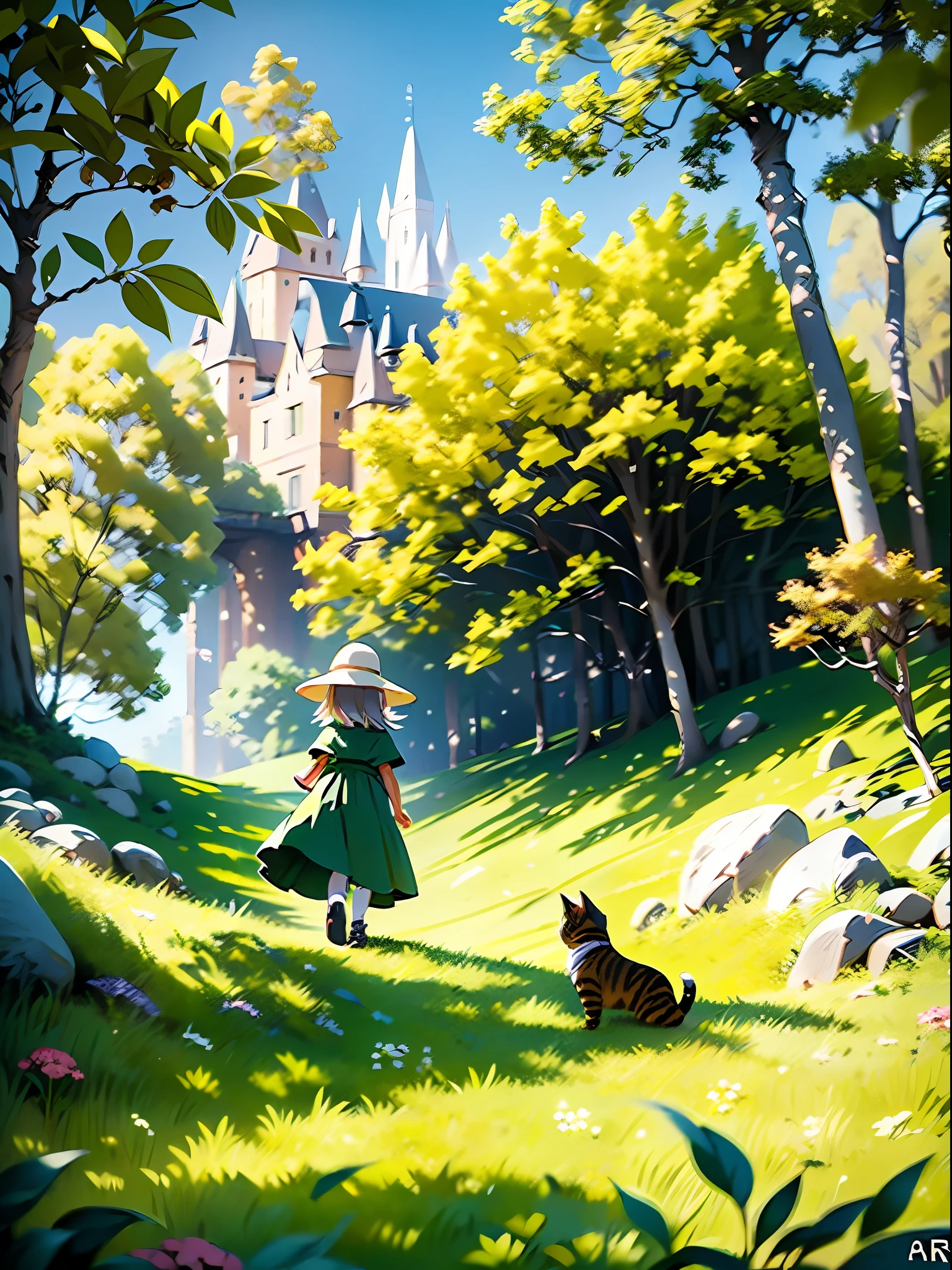 beginning of autumn, girl walking on the field ridge,A cute cat,Sunny day,plants and flowers, Wind, Leaves, fairytale-like, fantasy,Autumn is green,Green and yellow style, Bright background, White space at the top of the frame,by Ghibli Studio, --AR 3:4