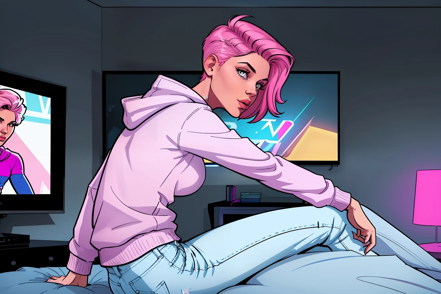 woman, sitting on bed, watching news on TV, inside bedroom, backside view, TV on the background, night time, detailed short pink hair Short Side Comb haircut, wearing a white hoodie, denim pants, comic book style, flat shaded, prominent comic book outline linework
